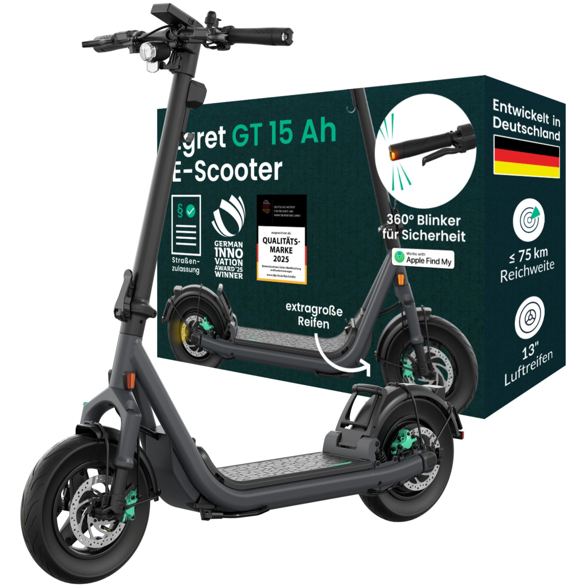 Egret E-Scooter Egret GT, 13", FEDERUNG, BLINKER, 75-100KM Reichweite, 500 W, 20 km/h, mit Straßenzulassung, ≤150kg Traglast, Wechselakkusystem