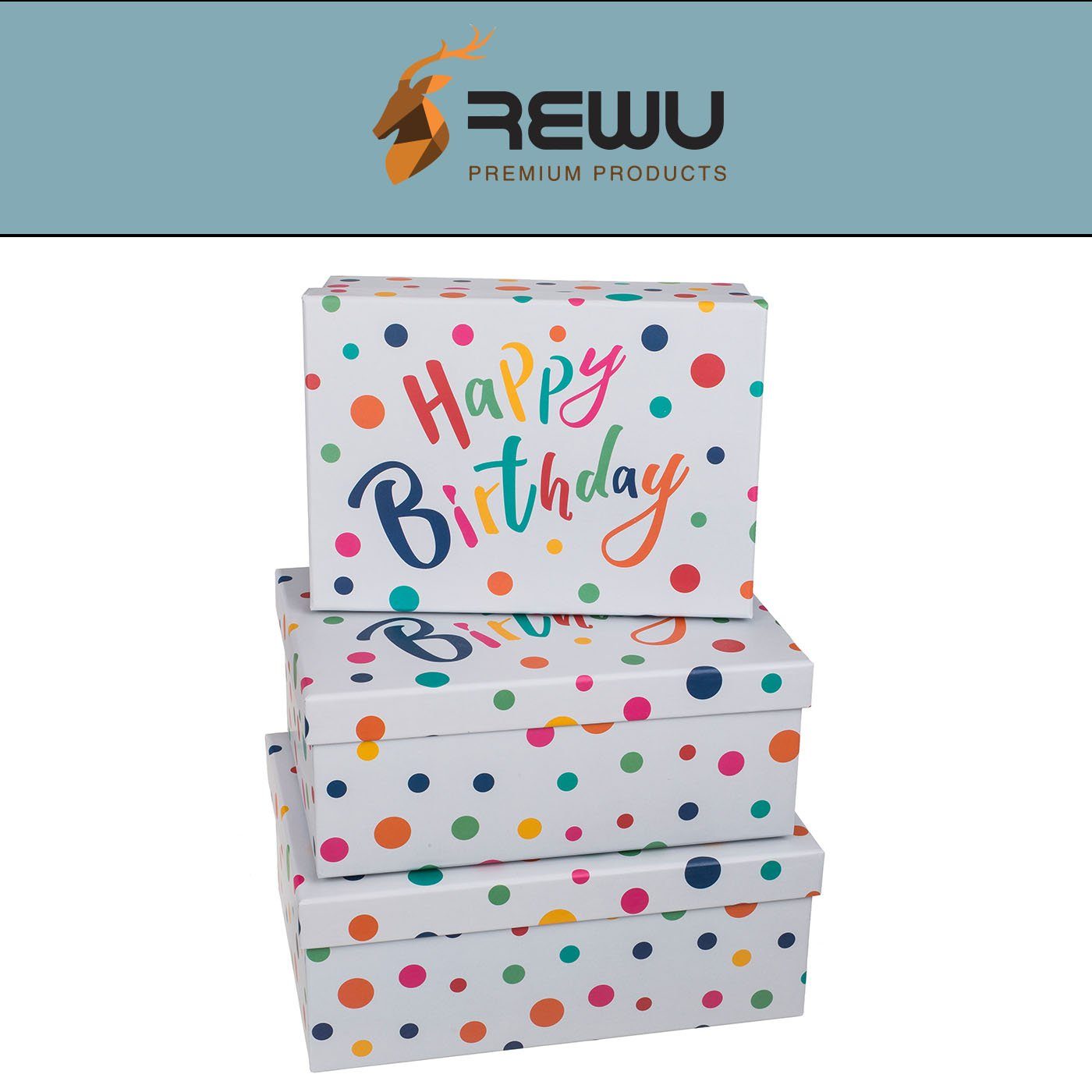 ReWu bunten Kartonschachtel Happy 3er Geschenk Set Geschenkpapier Birthday Punkten mit