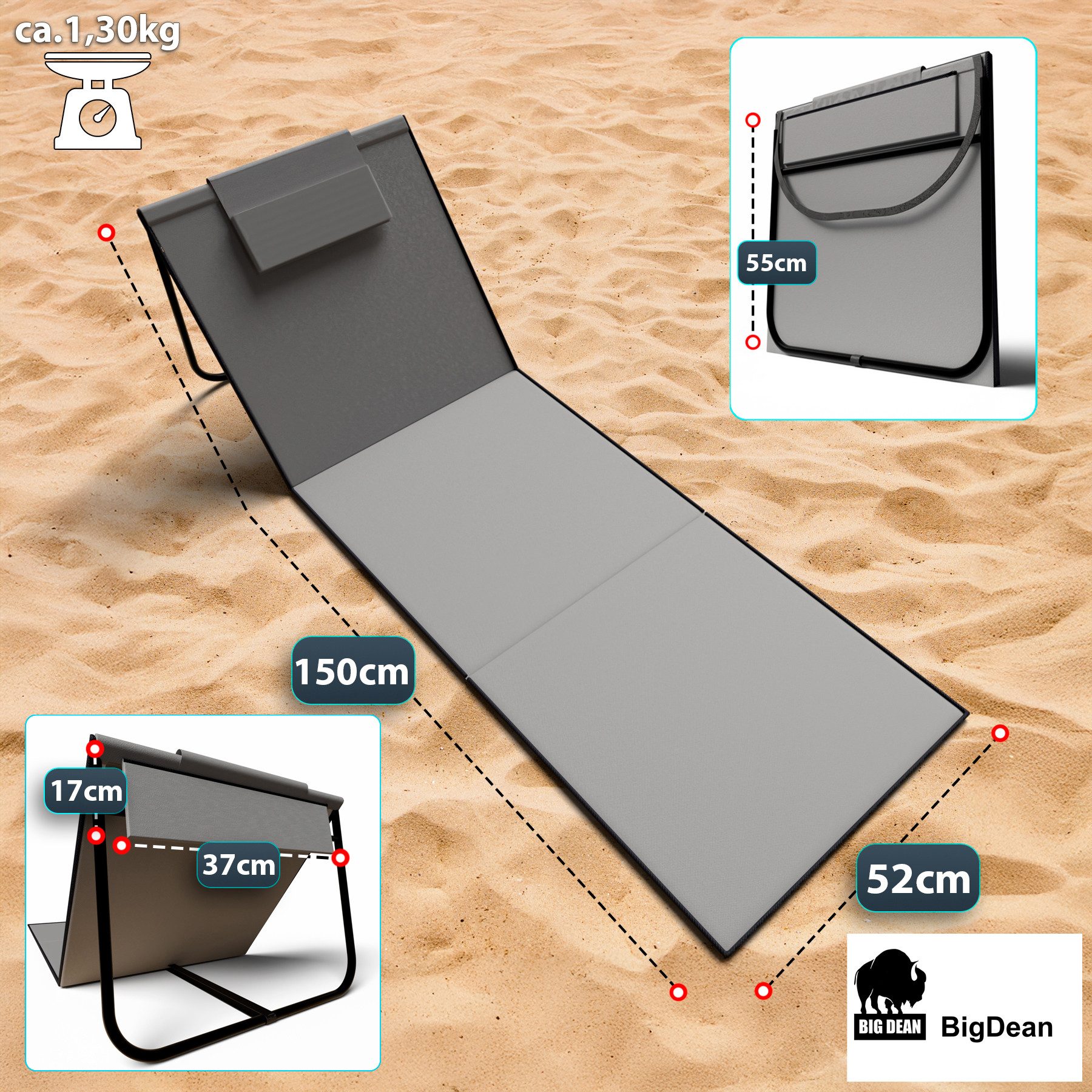 BigDean Gartenliege Strandmatte 2er Set gepolsterte Strandliege klappbar verstellbare, Set, 2 St., Liegen, Ultraleicht, Klappbar, Wasserabweisend & Schmutzabweisend