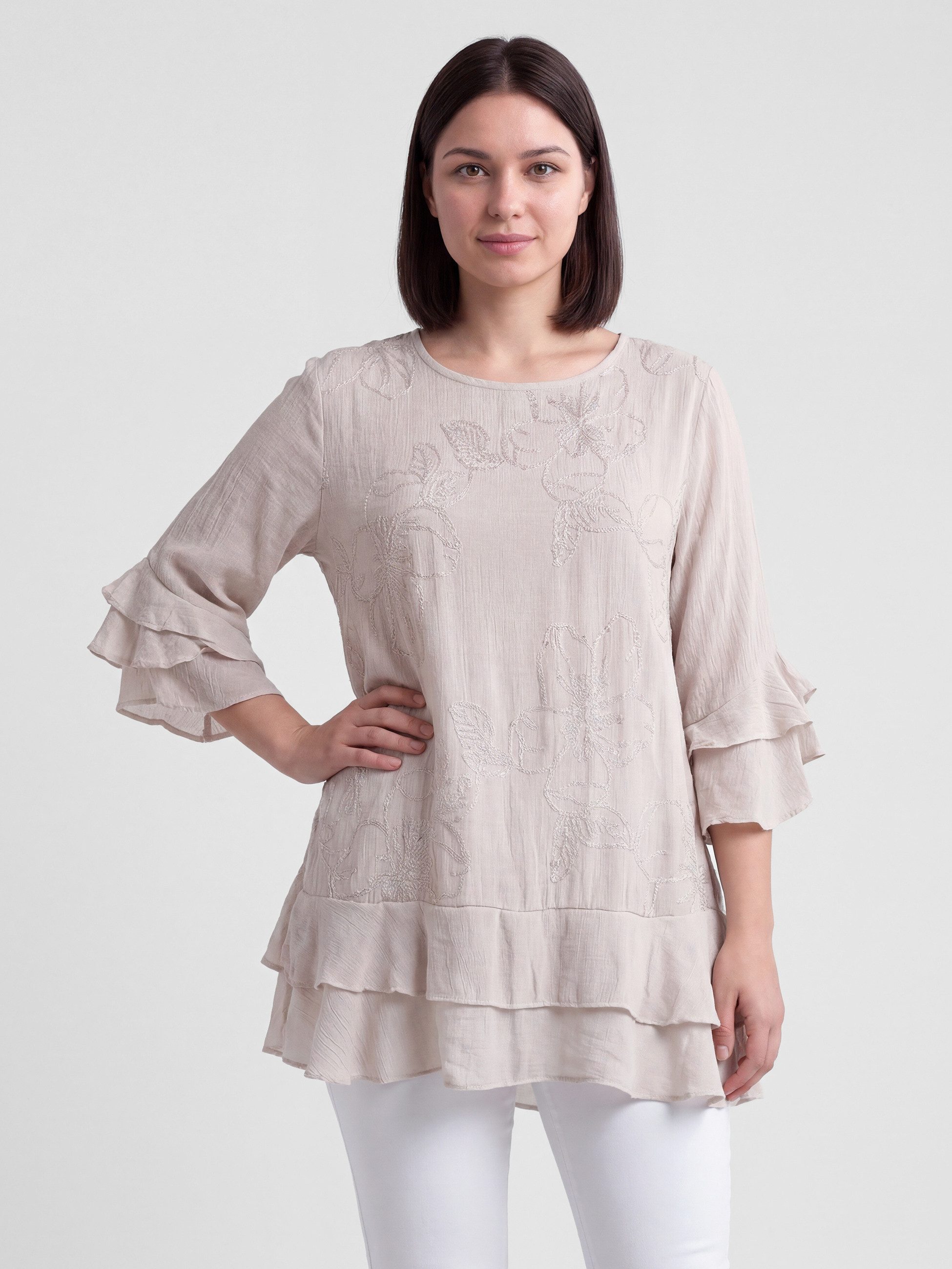 PEKIVESSA Tunika Romantische A-Linien-Tunika mit Volant und edler Stickerei