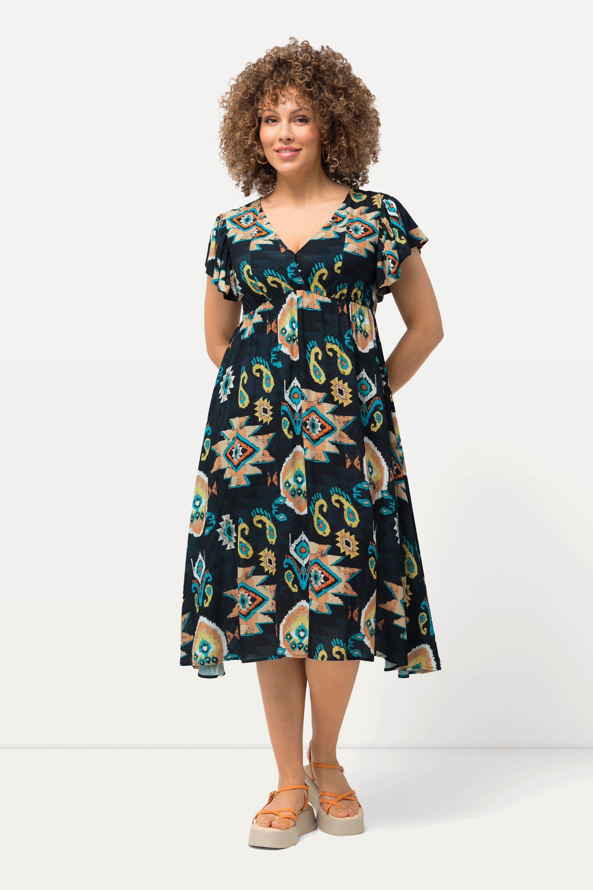 Ulla Popken Midikleid Midikleid Wickeloptik V-Ausschnitt günstig online kaufen