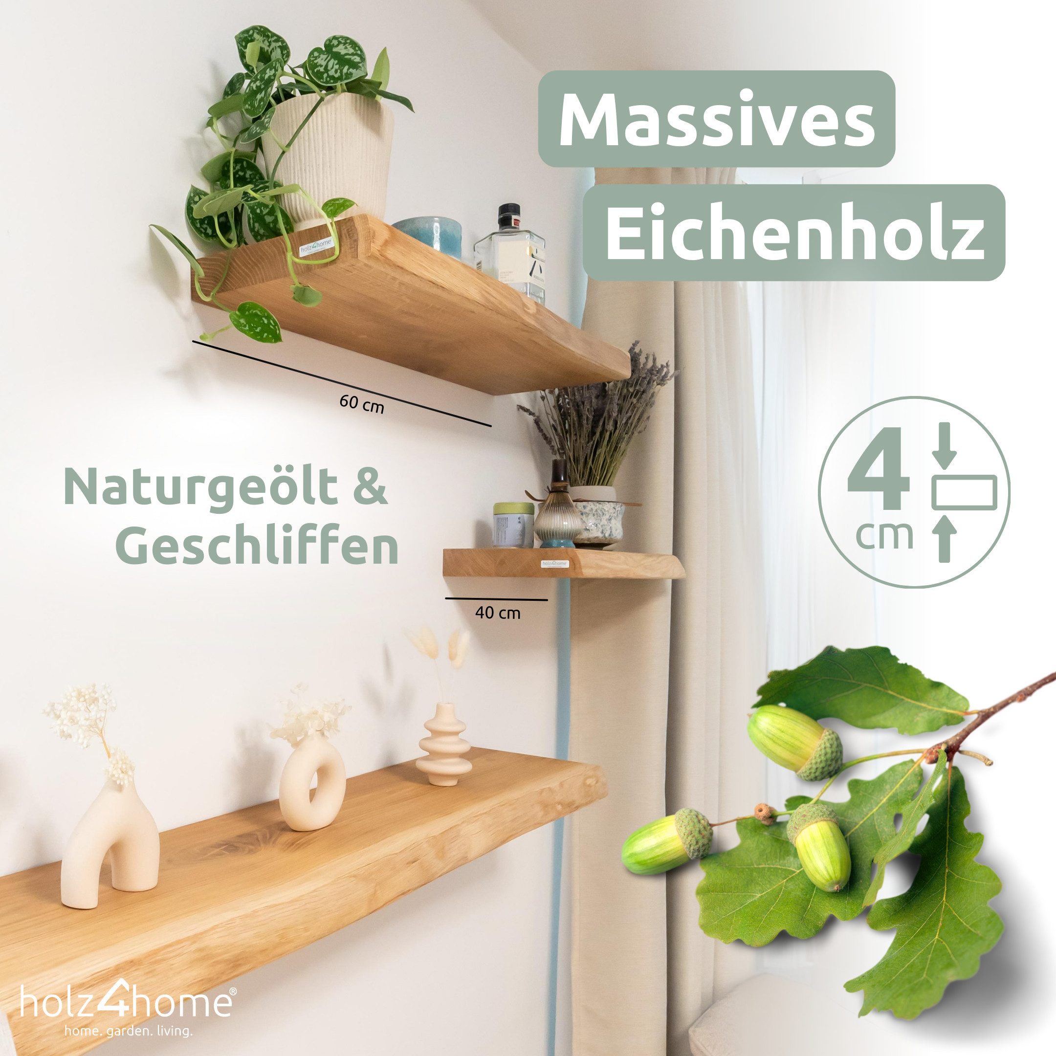 holz4home® Wandregal aus Massivholz Eiche Natur I Schwebendes Regal I Unsic günstig online kaufen