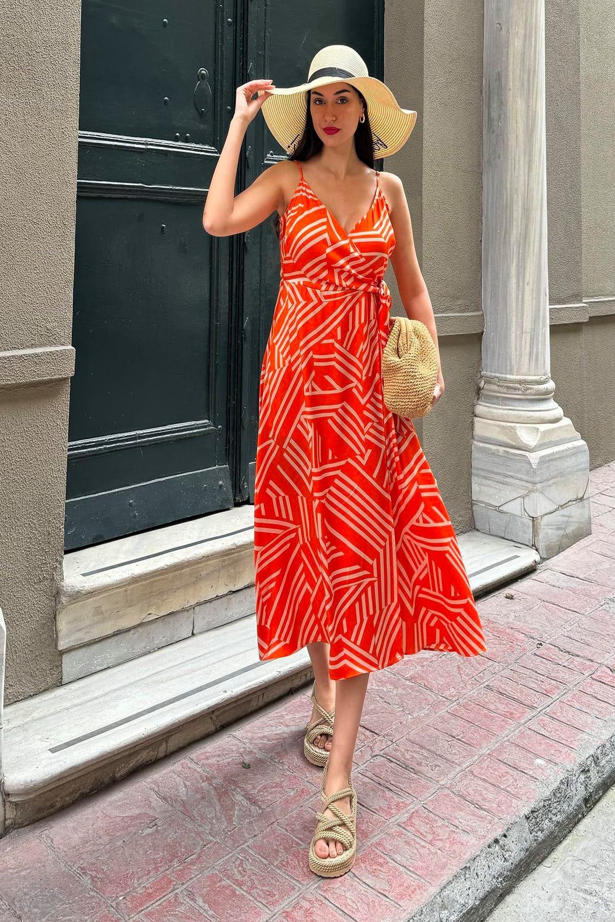 For You Moda Midikleid Orange V-Ausschnitt Wickelkleid