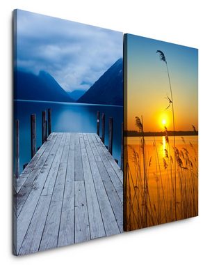 Sinus Art Leinwandbild 2 Bilder je 60x90cm Seesteg Alpen Bergsee klares Wasser Sonnenuntergang Romantisch Stille