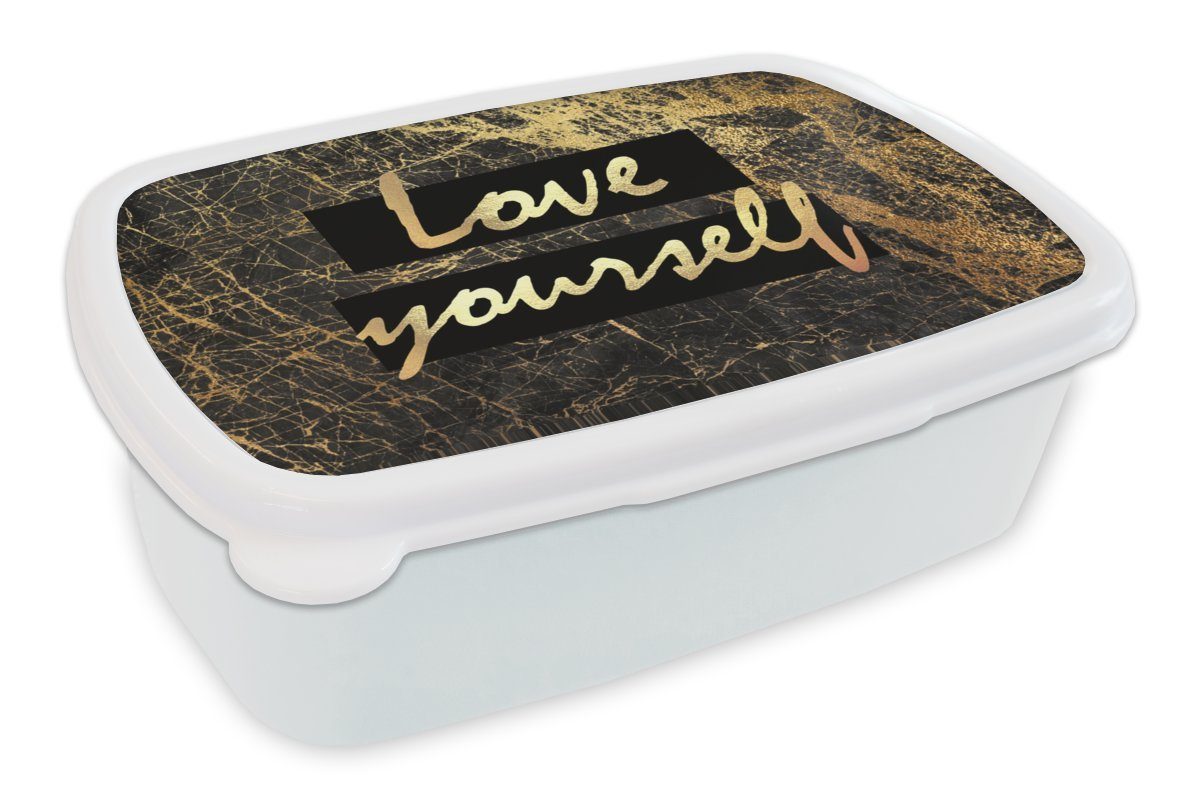 MuchoWow Lunchbox Zitate Brotdose, - (2-tlg), Kinder - Gold Erwachsene, Brotbox für - für Schwarz, weiß Kunststoff, und Selbstvertrauen Mädchen Jungs und