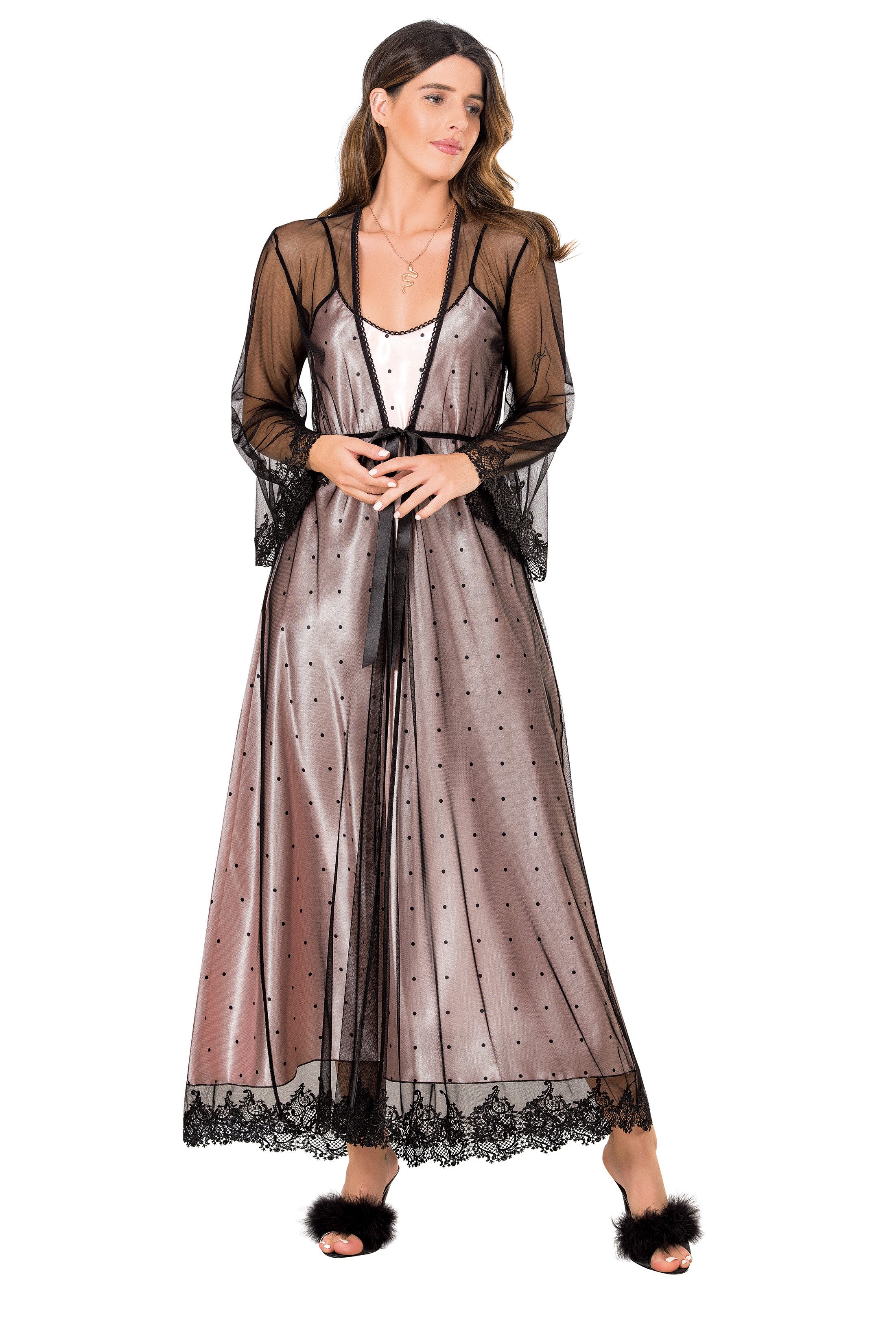 Nachthemd Elegantes 2-teiliges Satin Nachthemd mit transparenter Tüll-Kimon günstig online kaufen