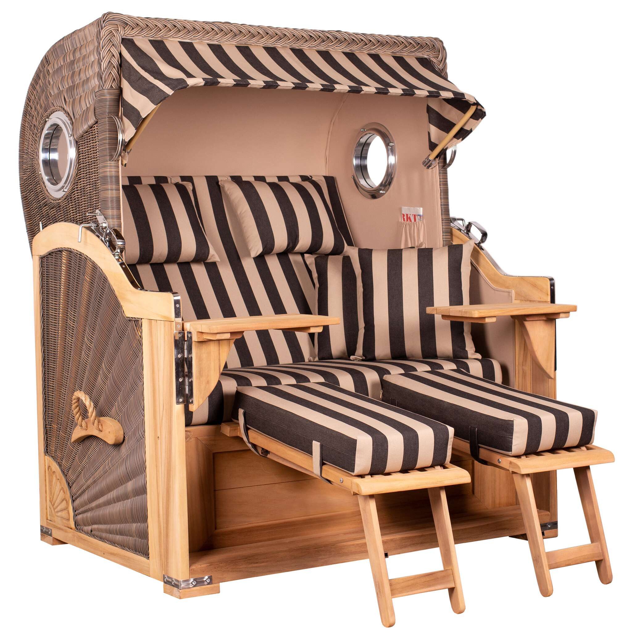 MR.DEKO Strandkorb XXL Baltikum 2,5-Sitzer Bullauge Teak PE Grey 142x170x95, BxTxH: 142x95x170 cm, Volllieger, Baltikum, (Wetterfester 2,5-Sitzer Strandkorb für Garten, Terrasse & Balkon), Volllieger mit Stauraum, Bullaugen & Edelstahl – komplett montiert