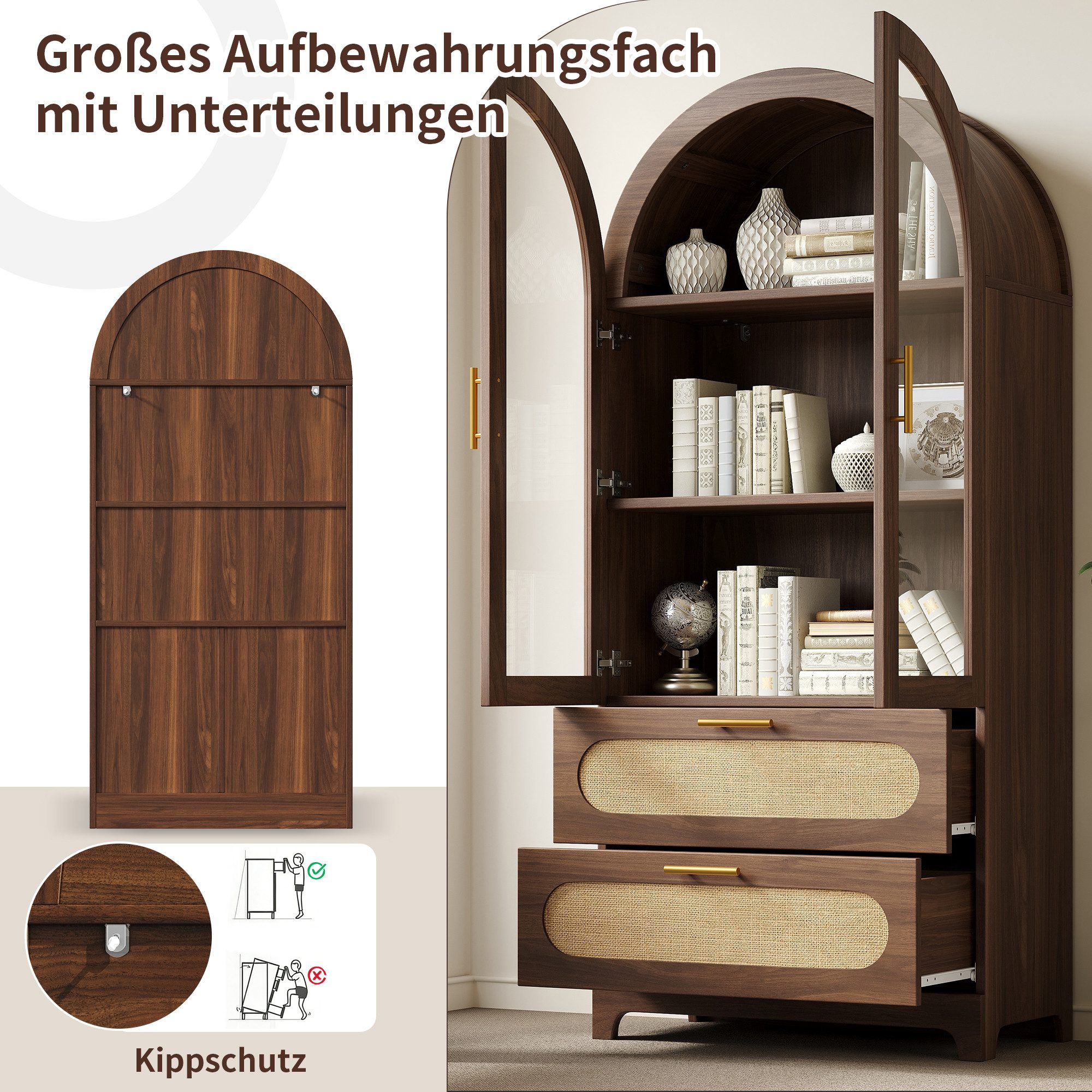 Flieks Vitrine Glasvitrine Montmartre-Bogen in Retro-Design Walnussholzfarbe/Natur (Mehrzweckschrank mit verstellbaren Einlegeböden, 2-St., H175xB80xT40cm) Hoch – Bild 5 von 5