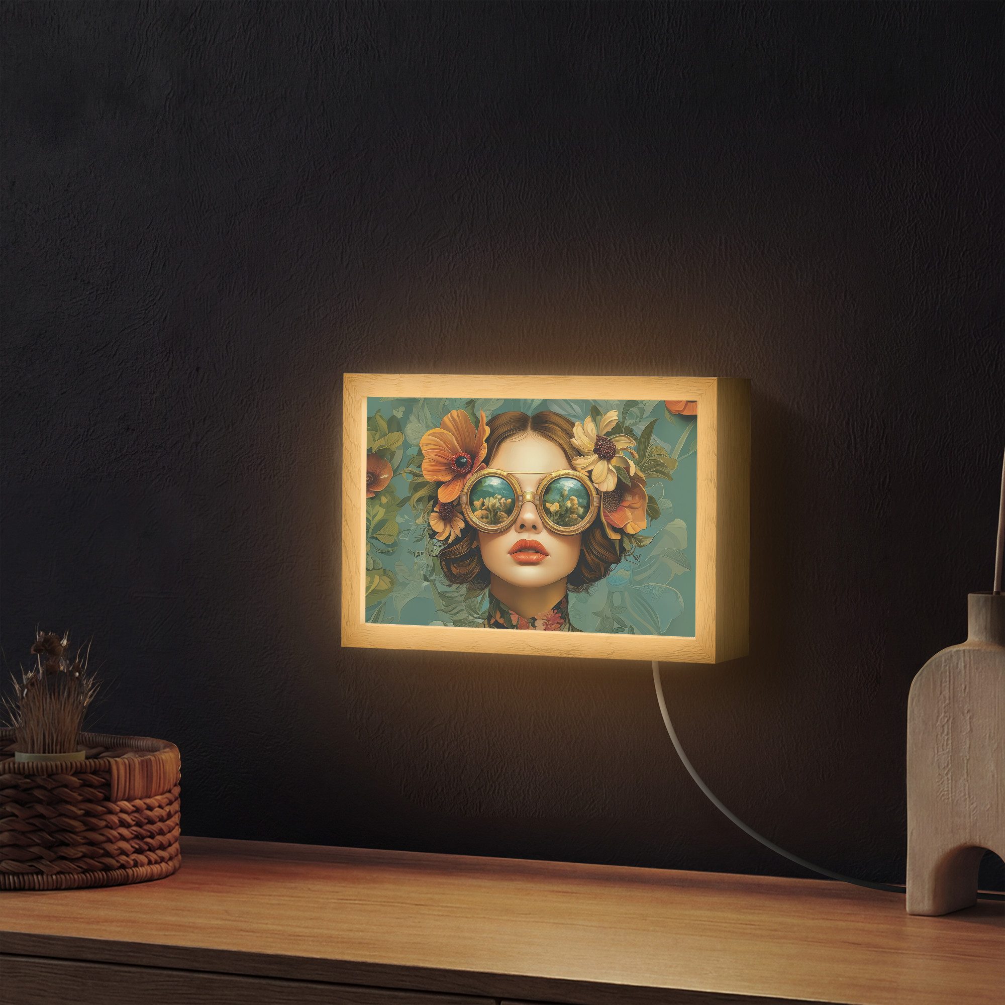 OnlyWow Wandleuchte Lightbox Frau - Blumen - Schmetterlinge - Natur - Vintage, Dimmbar, Farbwechsel, LED, Warmweiß, Kaltweiß, Neutralweiß Einstellbar, Wandlampe Innen, Dimmbar, mit Kabel, LED, Modern, Schlafzimmer