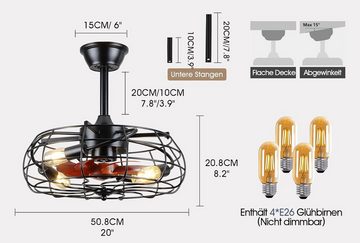 Lampenschirm Retro Deckenventilator Lampe Fernbedienung 4x LED Glühbirne Schwarz