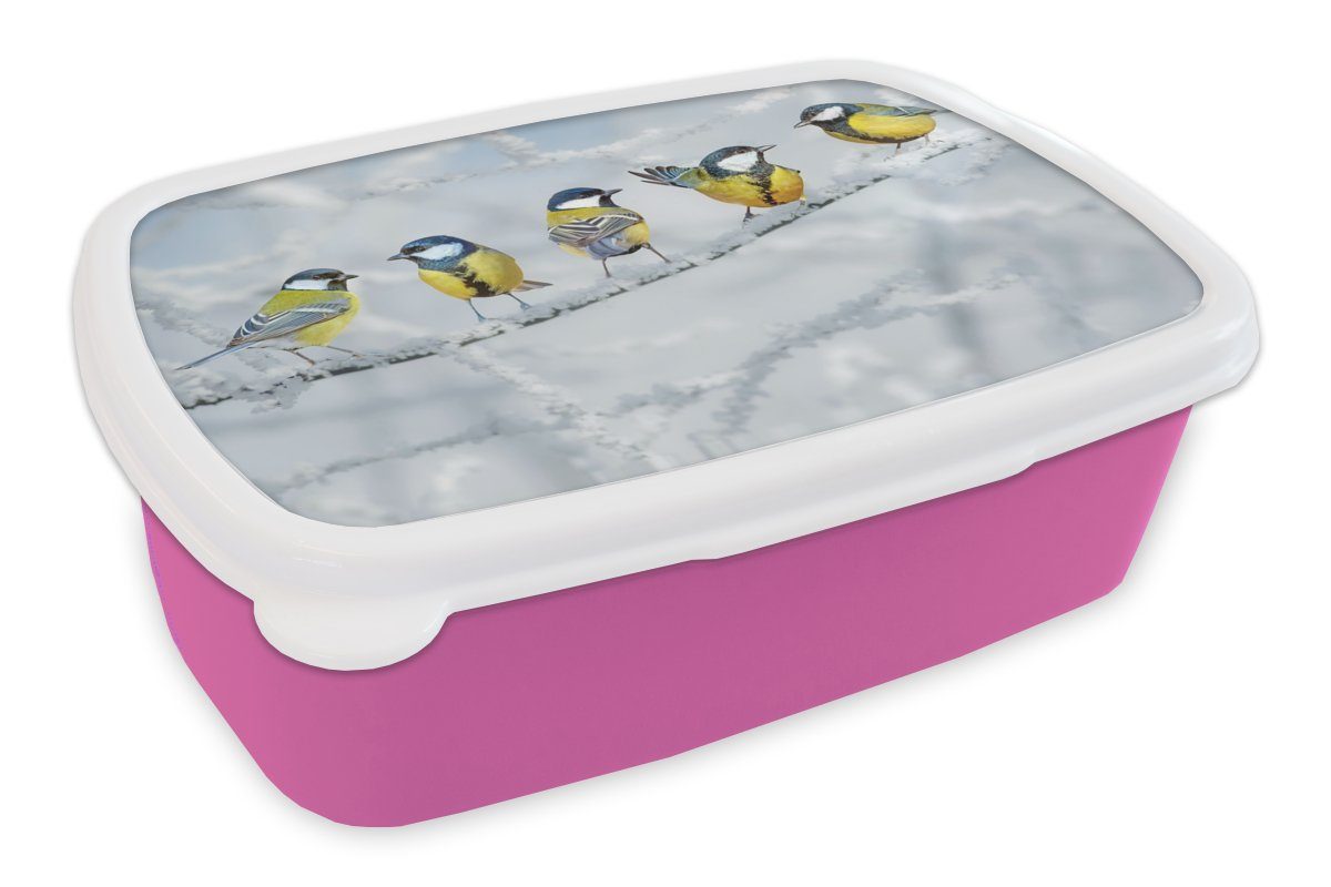 MuchoWow Lunchbox Vogel - Kohlmeise - Winter - Schnee - Zweige, Kunststoff, (2-tlg), Brotbox für Erwachsene, Brotdose Kinder, Snackbox, Mädchen, Kunststoff rosa