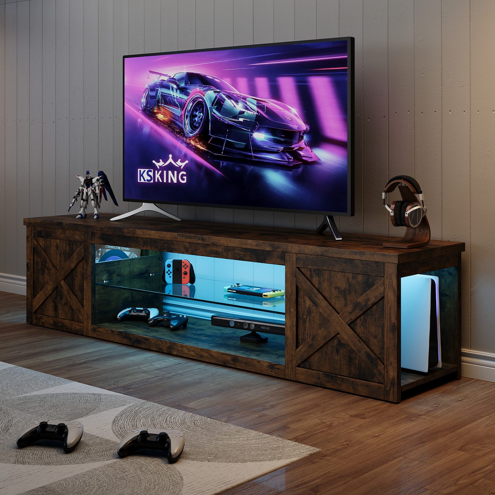Patbrela TV-Schrank Landhausstil mit RGB-LED verstellbarem Einlegeboden & offenem Stauraum