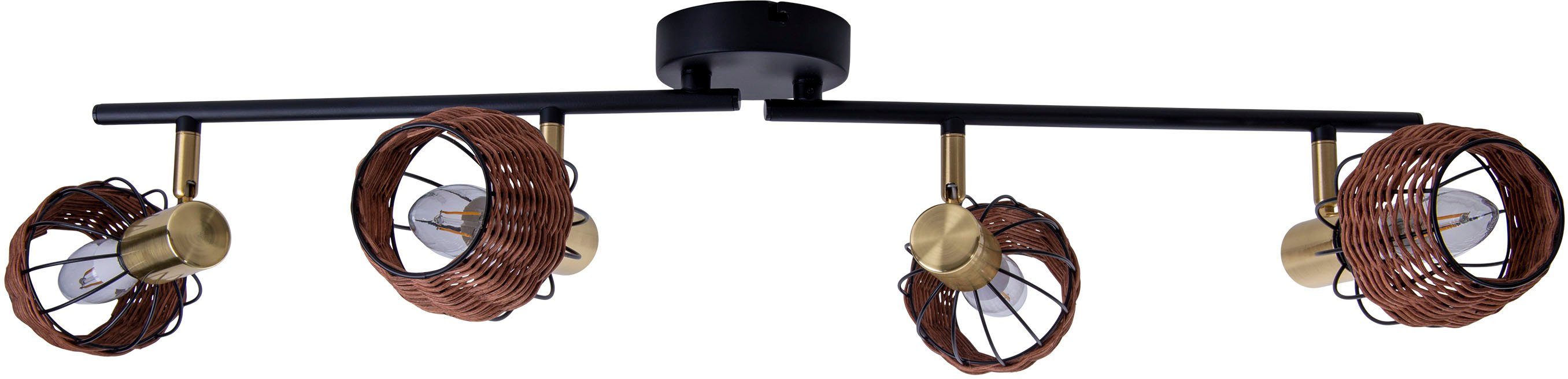 näve Deckenspots Corbis, ohne Leuchtmittel, 4 Spots excl. E14 max. 40W schwarz/natur/gold Länge 78cm mit Rattan