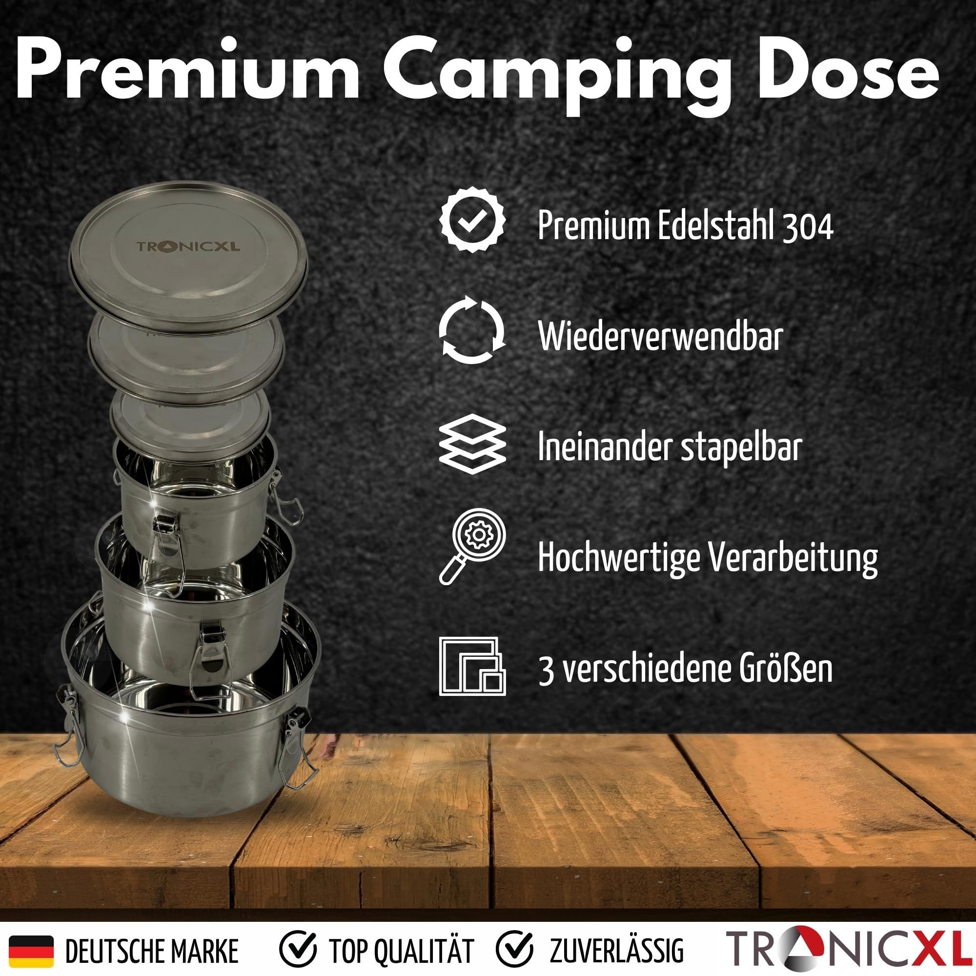 TronicXL Lunchbox 3 Lunchbox Edelstahl Behälter Mit Deckel Frischhaltedose Metall rund, Edelstahl, (3-tlg., ineinander stapelbar), Camping Küche Vorratsdose Dos – Bild 2 von 5