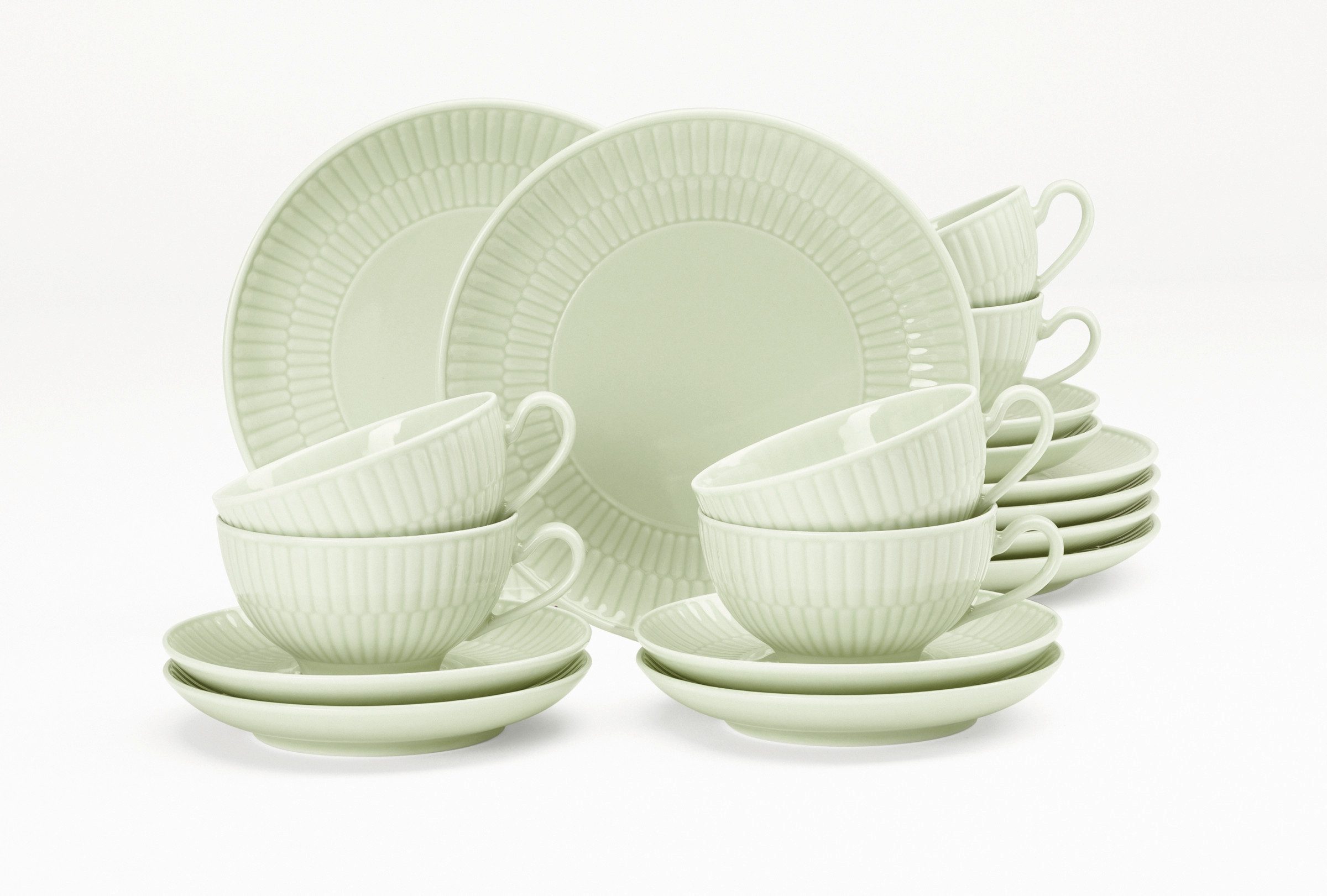 Seltmann Weiden Geschirr-Set Teeservice 18-teilig klein Amina seladon (18-tlg), 6 Personen, Porzellan, Teller, Tassen, grün, Amina