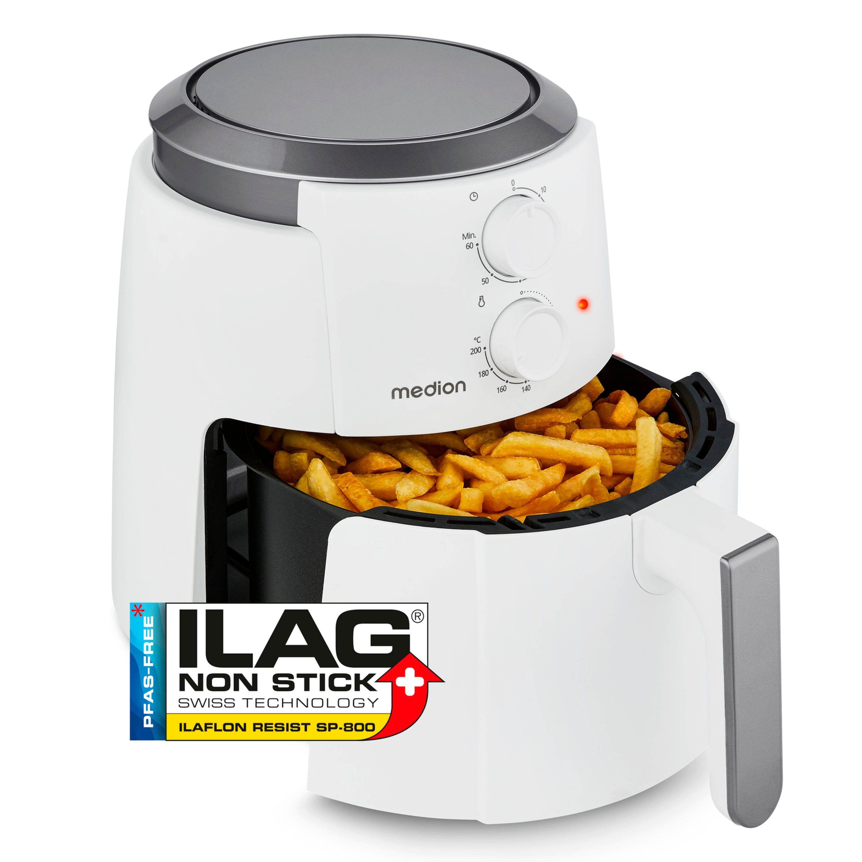 Medion® Heißluftfritteuse MD13020, 1500 W, 4,7 Liter, 60 Min Timer, bis 200°C, Antihaft-Beschichtung, schwarz