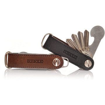 Donbolso Schlüsseltasche Leder Schlüsselorganizer mit Einkaufswagenlöser & Edelstahlscheibe, Schwarz-Braun Edelstahl S