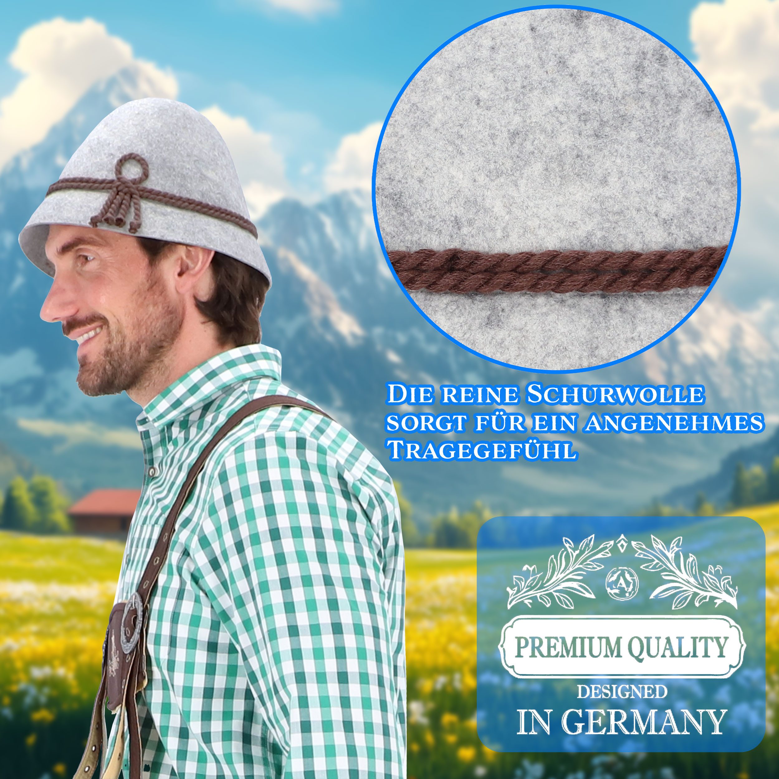 Steigenhöfer Manufaktur Trachtenhut Herren Heinrich - bayrischer Wanderhut Stopselhut aus 100% Schurwolle Schmale Krempe & Kordel - 2-Fach Kordel - Ideal fürs O – Bild 4 von 5