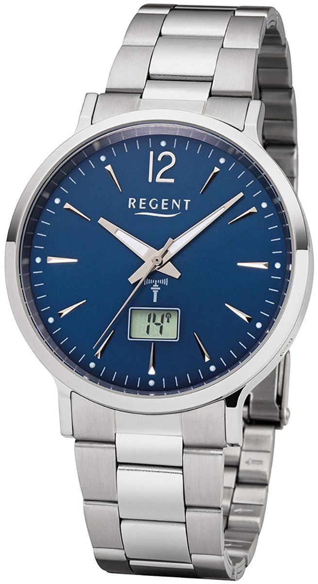 Regent Funkuhr Regent Herren Uhr FR-247 Metall Funkwerk, Herren Funkuhr rund, groß (ca. 40mm), Metallarmband blau