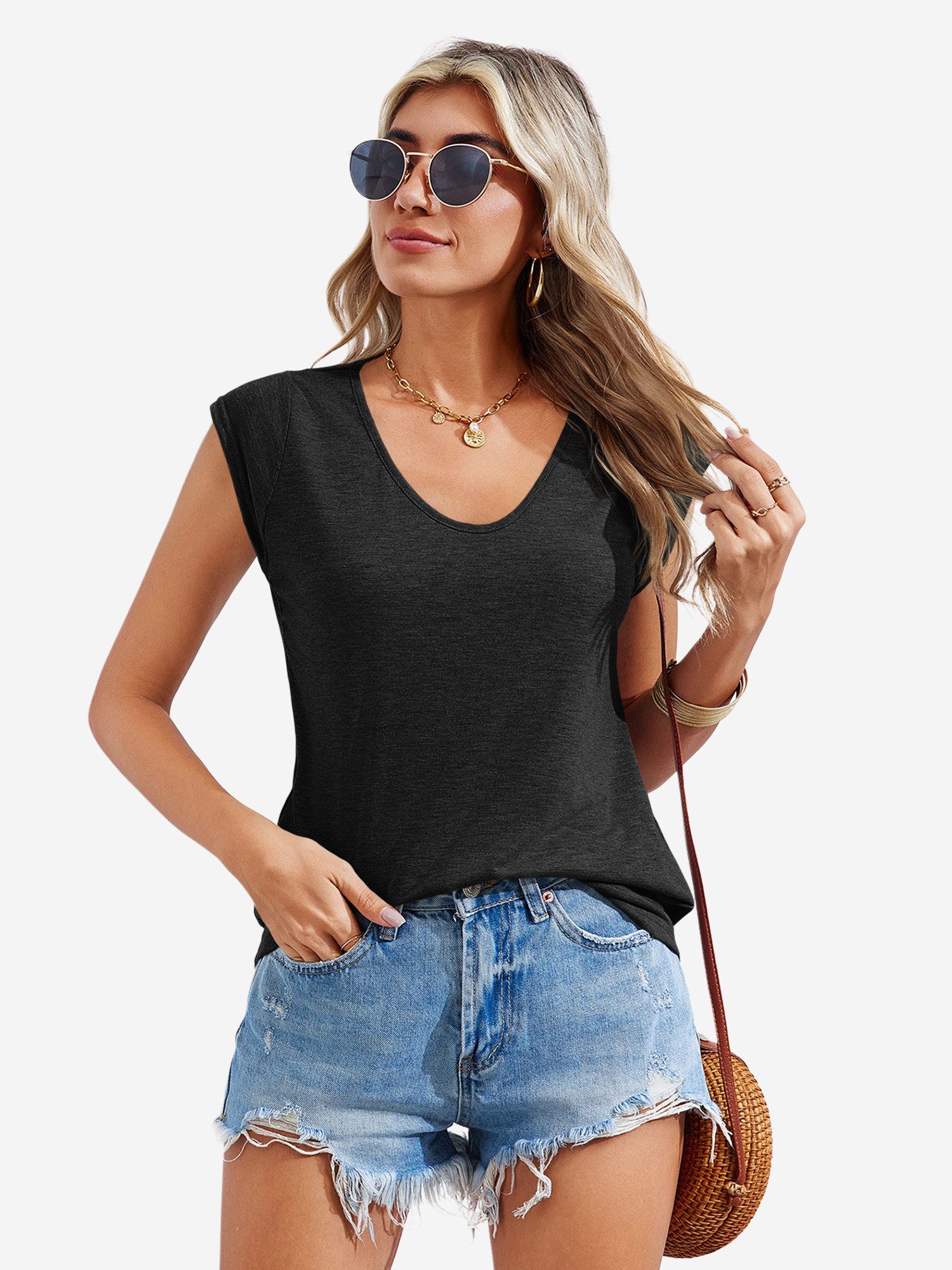 Imily Bela T-Shirt Damen Lässige Basic Tops mit lockerer Passform (Packung, 1-tlg., 1per-Pack) einfarbig – Bild 5 von 5