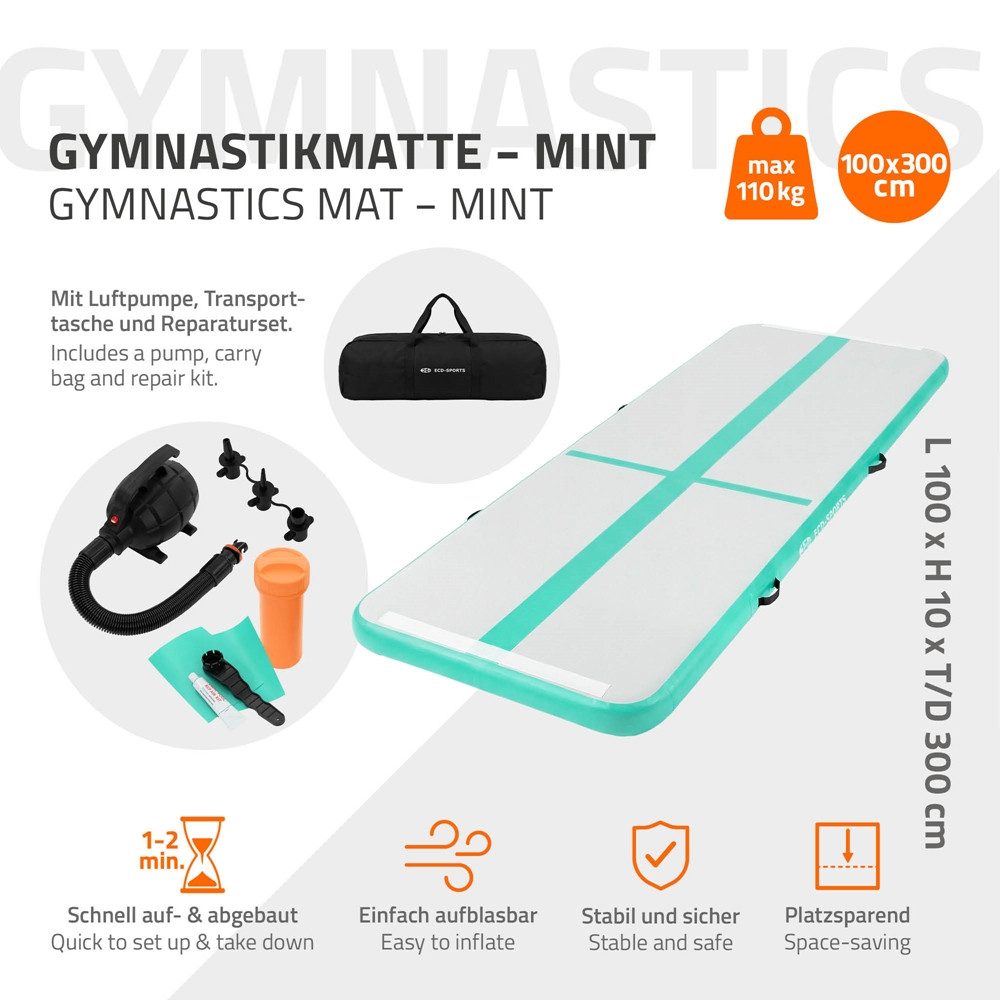 ECD Germany Sportmatte Aufblasbare Gymnastikmatte Airtrack Turnmatte Fitness Tumbling Matte, Yogamatte 3m Mint-Grün H:10cm inkl. Tragetasche Luftpumpe Flick-Set – Bild 2 von 5