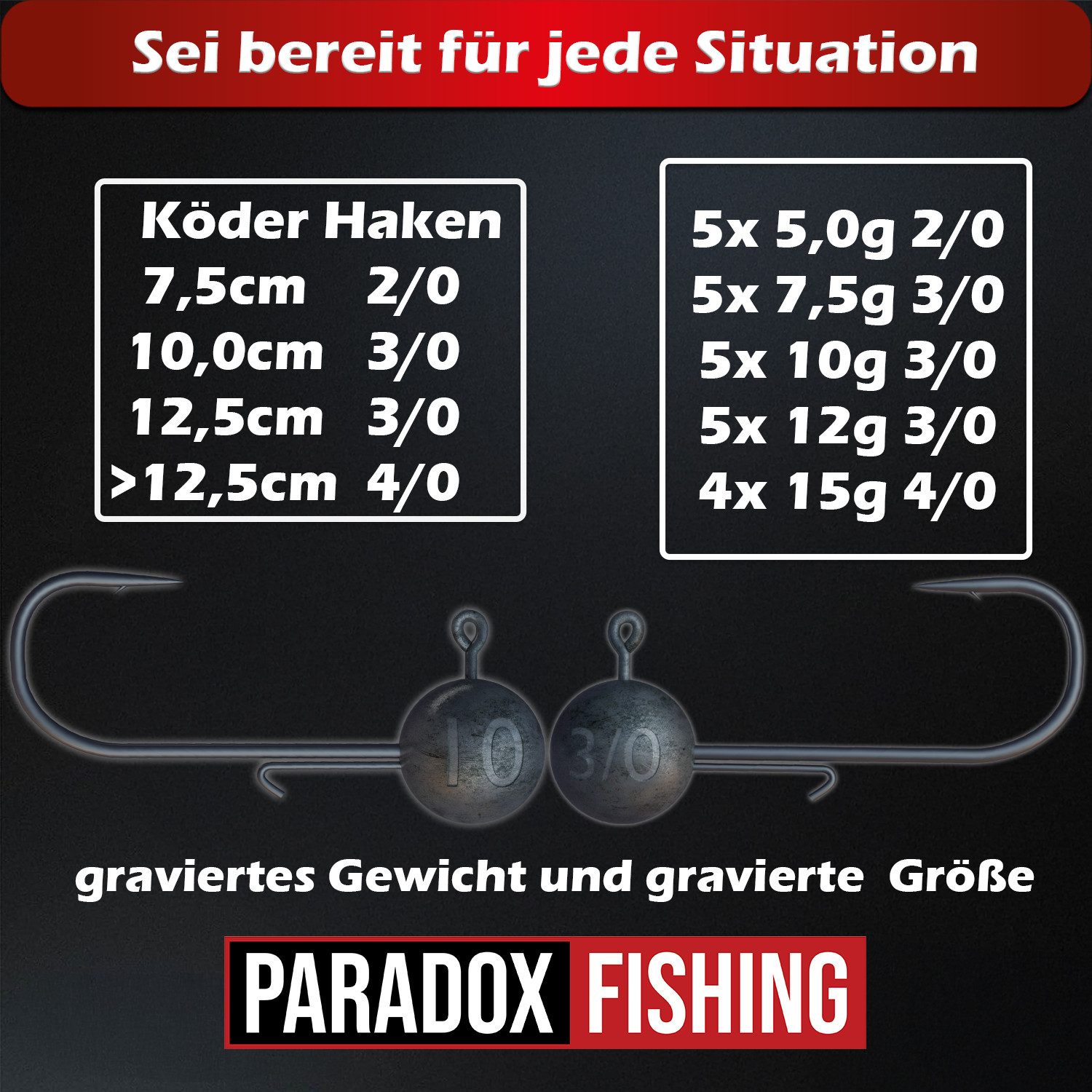 Paradox Fishing Jighaken Jigköpfe Set (5g/7,5g/10g/12g/15g) 25-teilig je 5/4 Jighaken mit Box, mit Baitholder, ultra scharf