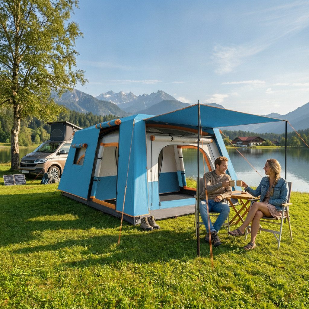 kowdom Gruppenzelt Familienzelt für 4 Personen, 2 Räume, Veranda, wasserdicht, UPF 30+, Personen: 4 (2-3 Personen Aufbau), PU-beschichtet