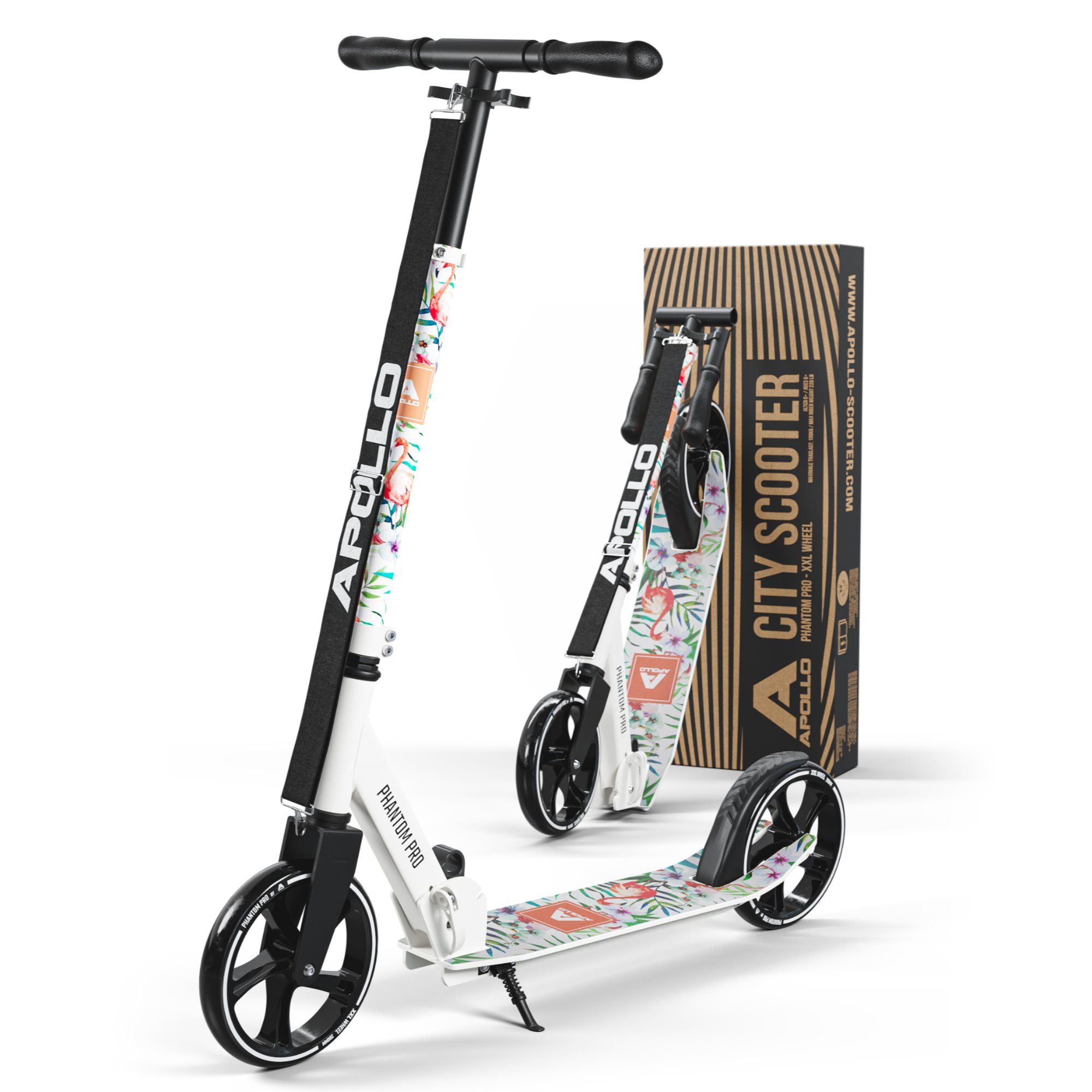 Apollo Cityroller City Scooter - Phantom Pro - Klappbarer City Roller für Kinder, Höhenverstellbar - Tretroller für Erwachsene - Roller Flamingo