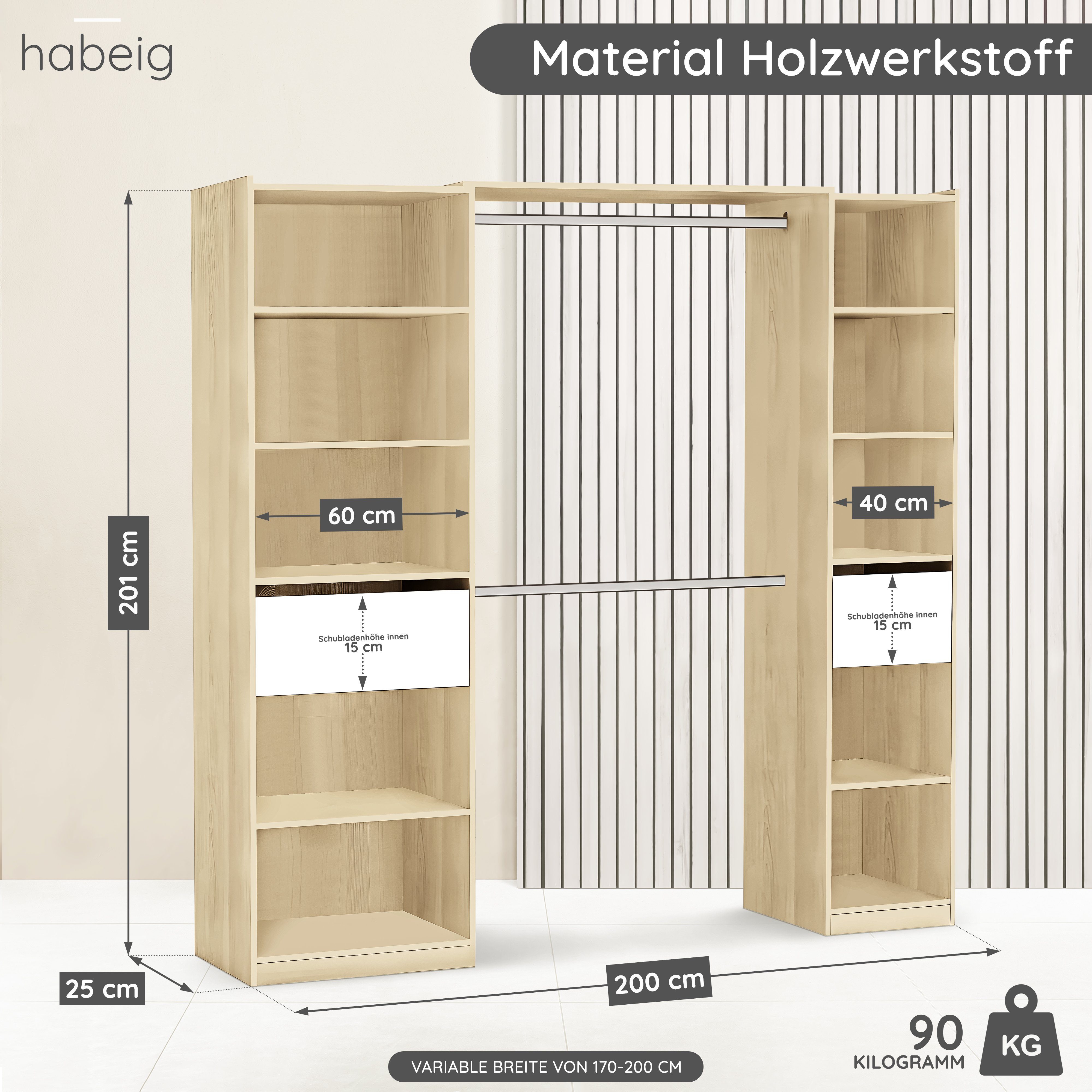 Kleiderschrank Kleiderschrank Schublade Begehbarer offen habeig Breite Weiß/Natur verstellbar in 5077