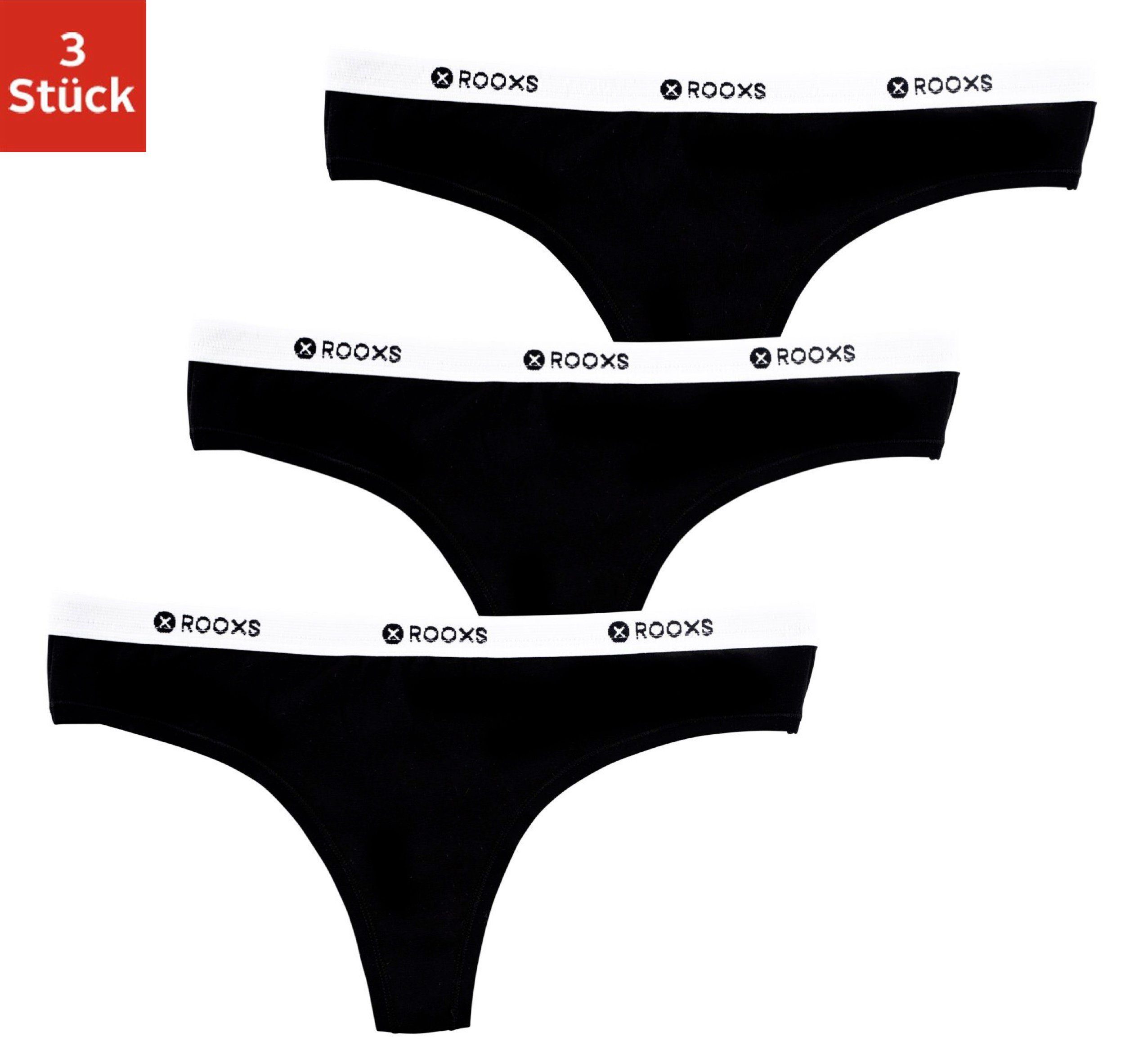 (3-St) Damen String Baumwolle Unterwäsche Tanga ROOXS Schwarz Tanga Unterhosen