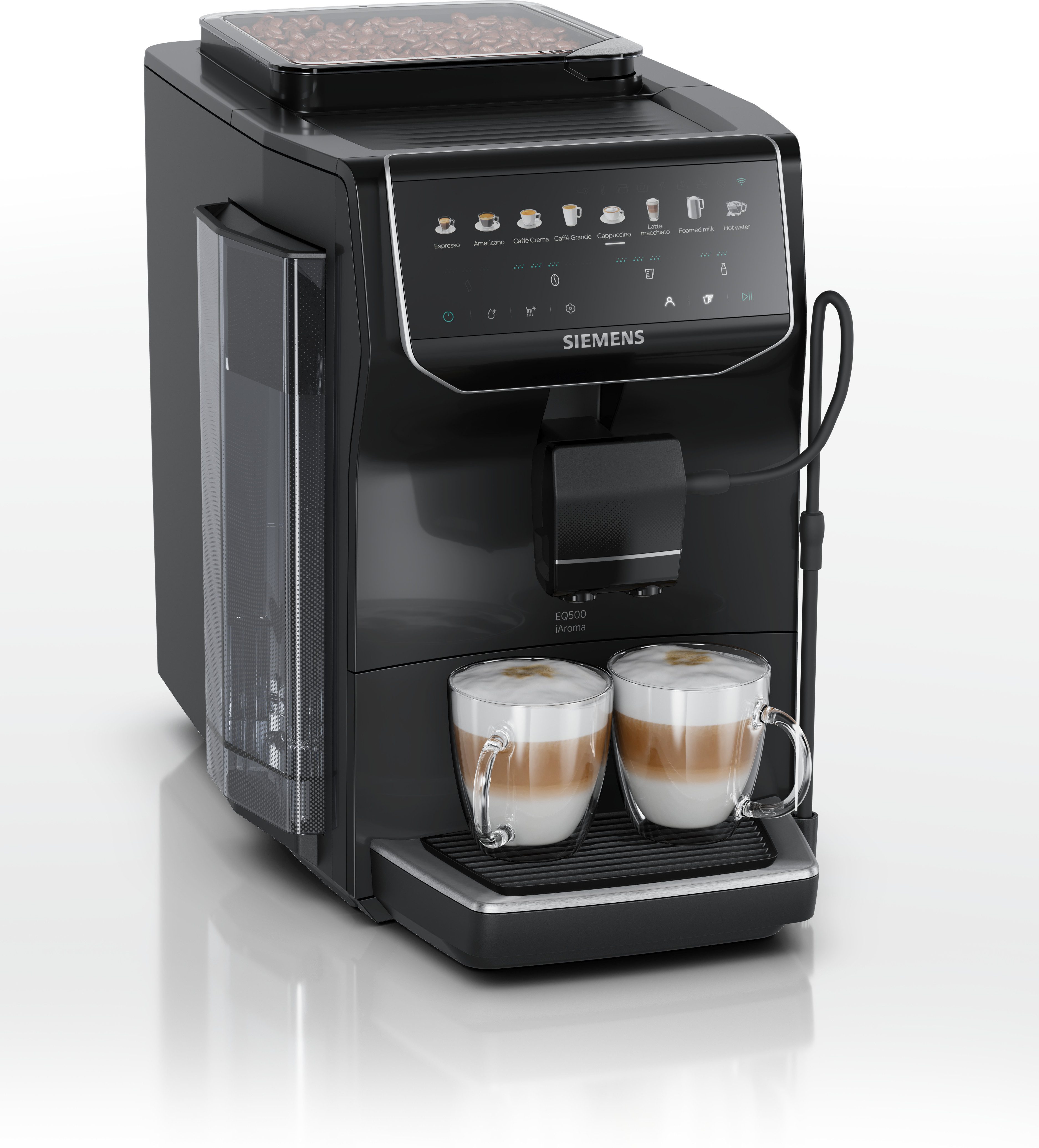 SIEMENS Kaffeevollautomat EQ500 TP553E09, Doppeltassenfunktion, 8 Getränke, einfache Reinigung, Keramikmahlwerk, entnehmbare Brüheinheit, Steuerung per App, Schwarz