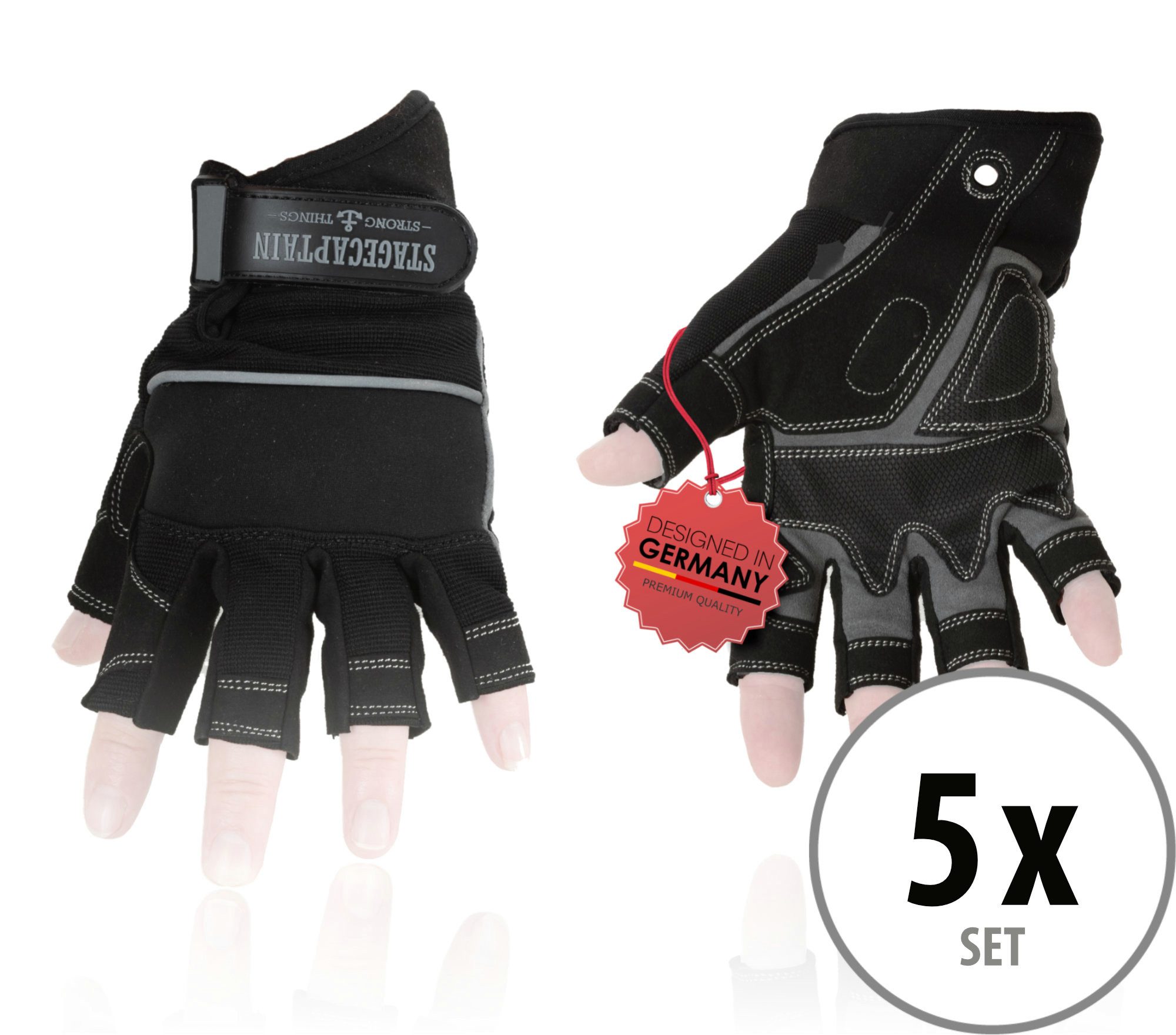 Stagecaptain Arbeitshandschuh-Set Rigger Handschuhe kurze Finger - Größe M (5-St) Innenfläche aus Kunstleder