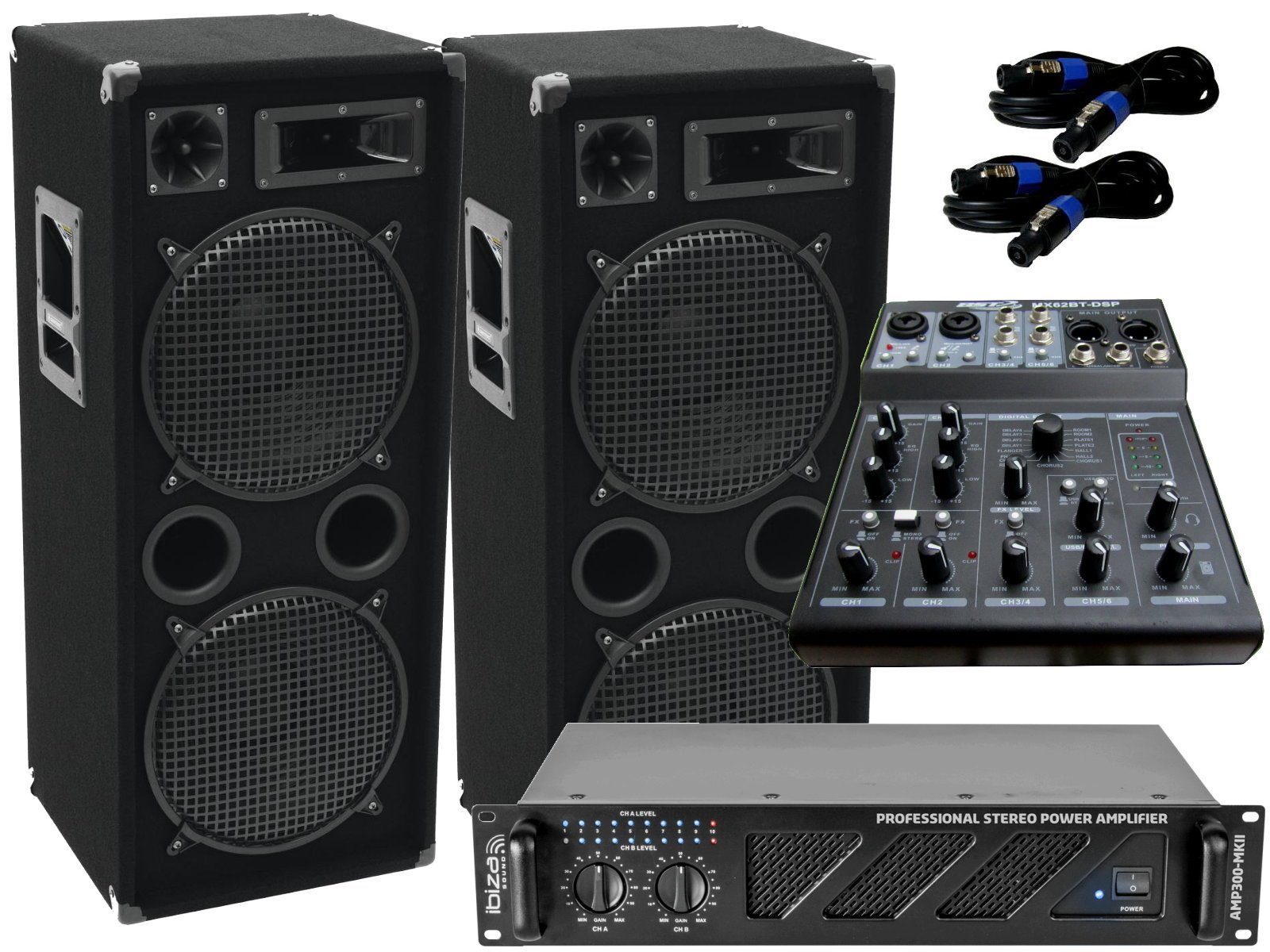 DSX Das PA-SET 75 Bluetooth Anlage 3wege 30cm Bass Musikanlage 3000 Watt  Stereo Party-Lautsprecher (3000 W, DSP)