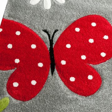 Kinderteppich Kinderteppich Schmetterling Design Grau Rot Grün Schwarz Weiss, TeppichHome24, rechteckig, Höhe: 13 mm