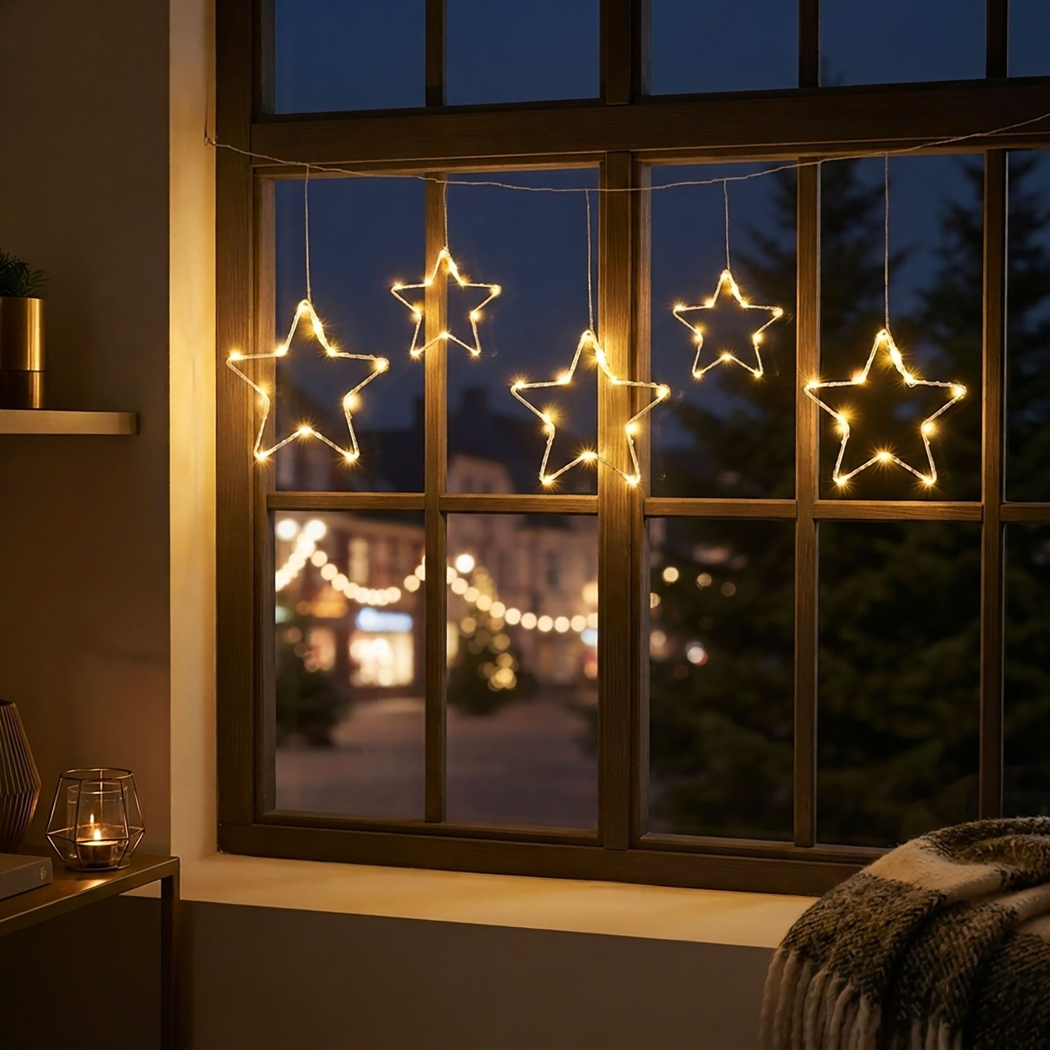 Spetebo LED-Lichtervorhang LED Lichtervorhang mit 5 Metall Sternen warm weiß, 5-flammig, 120 cm Länge - Weihnachten Fenster Beleuchtung mit Timer Batterie – Bild 5 von 5