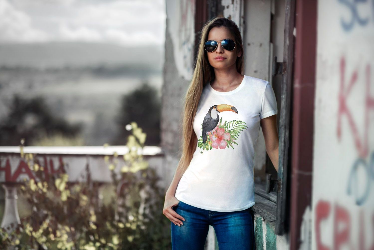 Neverless Print-Shirt Damen T-Shirt Tucan Hummingbird Neverless® Tropical mit Slim Jungle Summer Fit Paradise Print