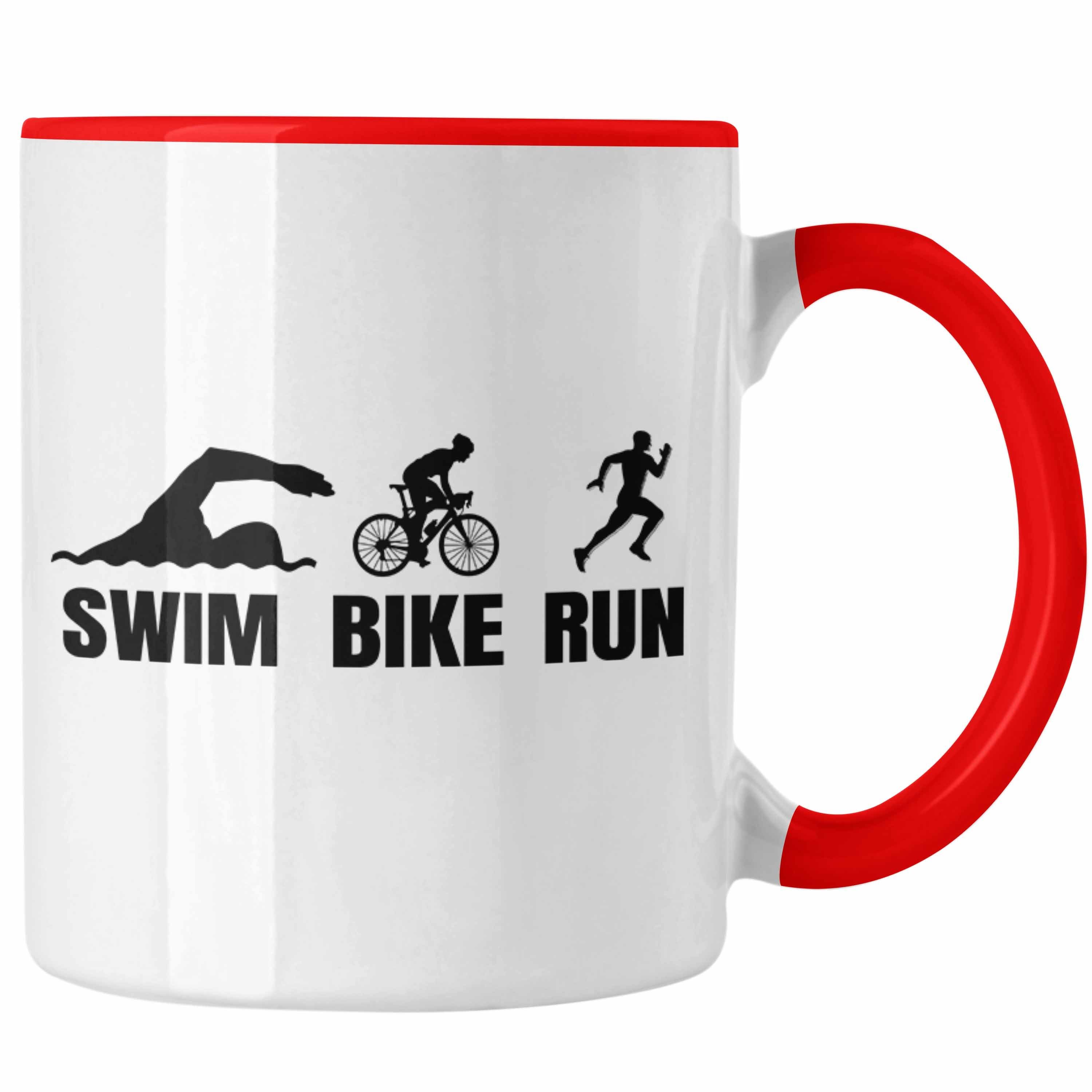 Trendation Tasse Triathlon Tasse Geschenk Spruch für Swim Bike Run Geschenkidee Sportl Rot
