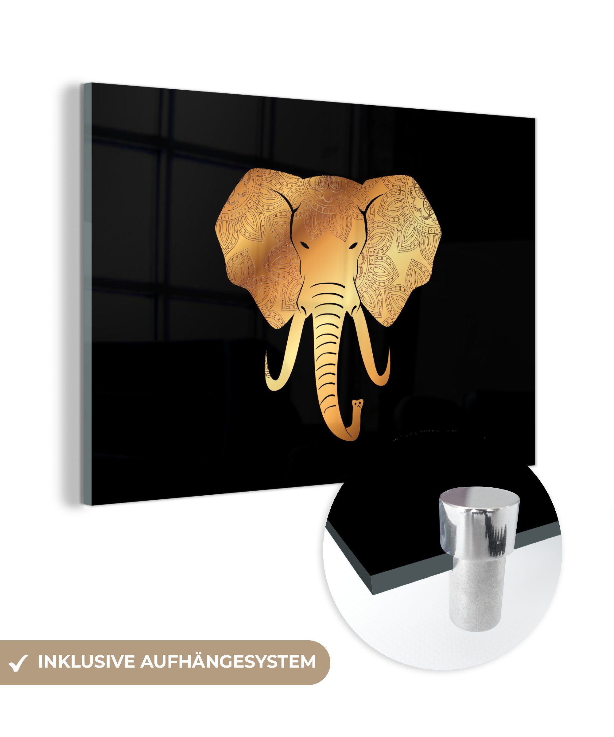 Glas Glas Gold - Acrylglasbild MuchoWow Muster, Glasbilder Foto Elefant - Wandbild - auf St), - - auf Bilder Wanddekoration - Tasse (1