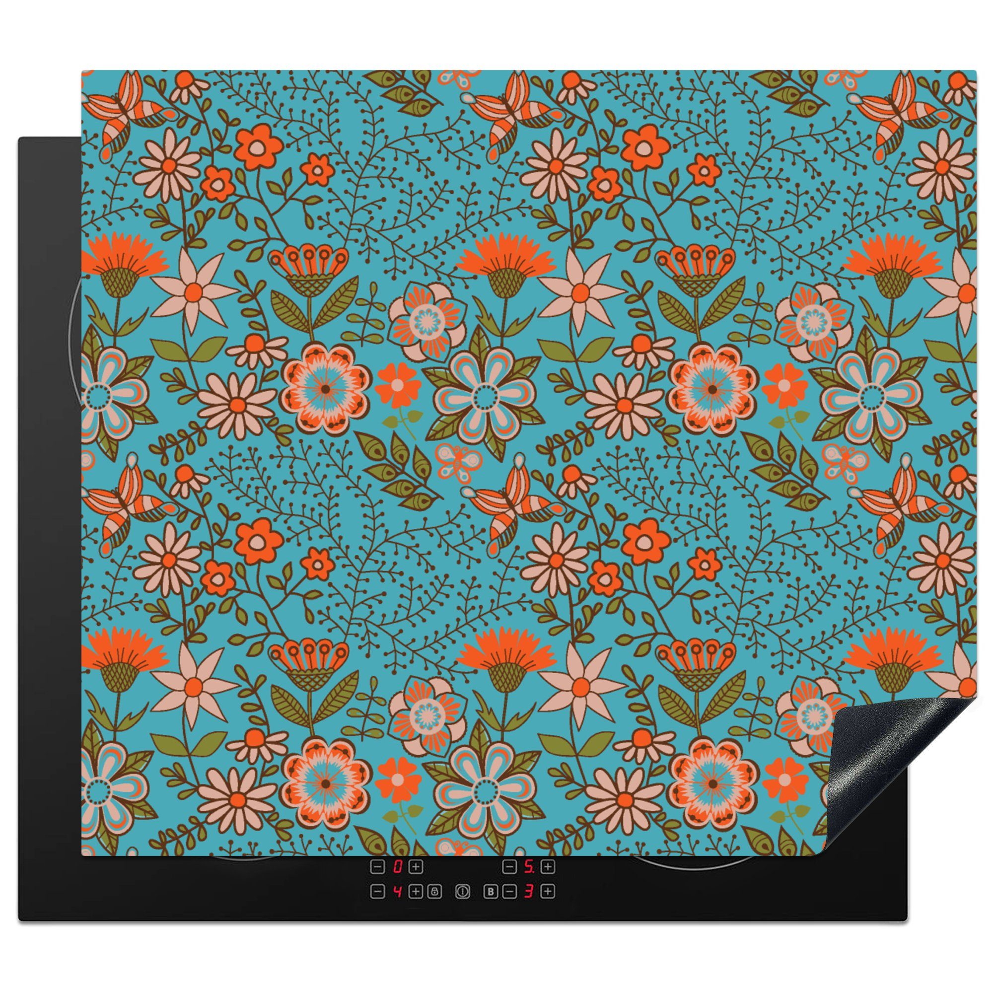 MuchoWow Herdblende-/Abdeckplatte Bohème - Blumen - Orange - Retro - Design, Vinyl, (1 tlg), 59x52 cm, Ceranfeldabdeckung für die küche, Induktionsmatte