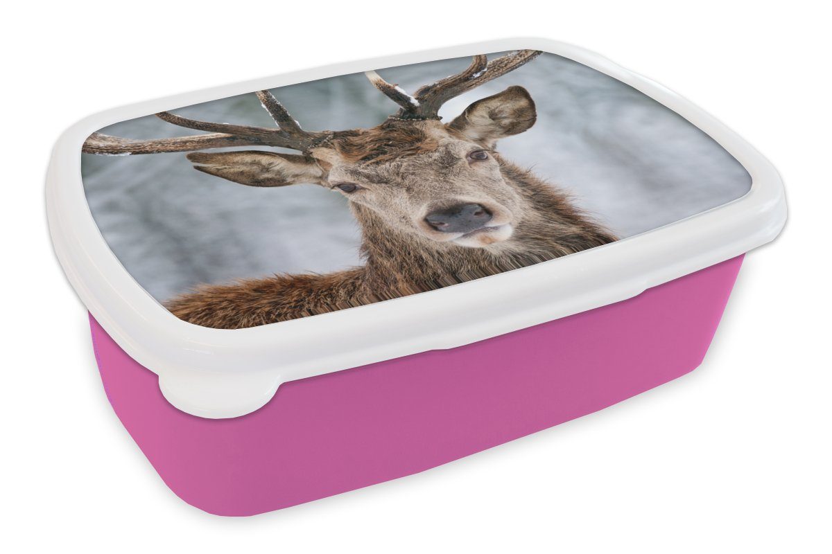 MuchoWow Lunchbox Hirsche - Geweihe - Schnee, Kunststoff, (2-tlg), Brotbox für Erwachsene, Brotdose Kinder, Snackbox, Mädchen, Kunststoff rosa