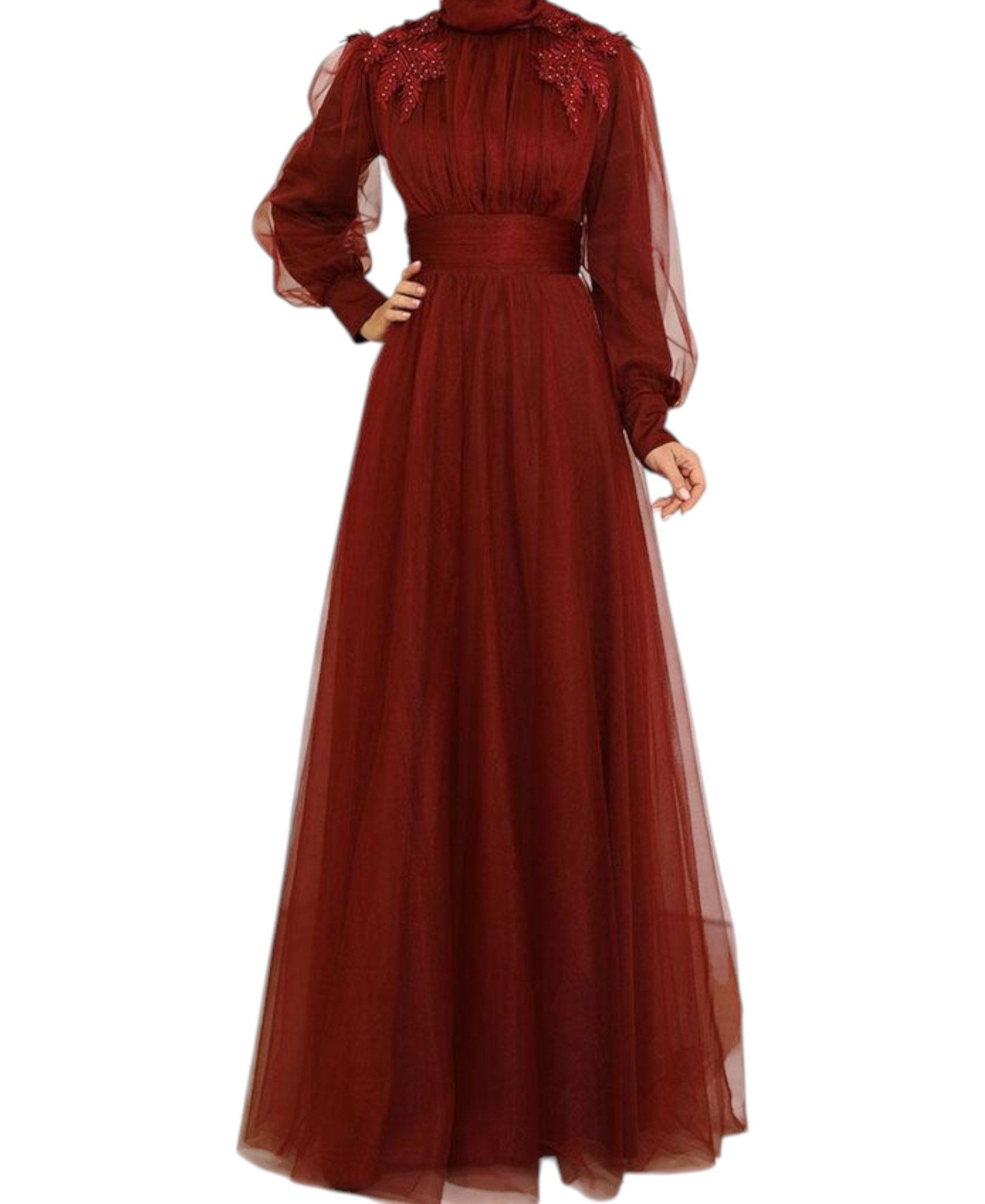 fashionshowcase Tüllkleid Abendkleid mit Blumen Guipure-Details Abiye Abaya günstig online kaufen