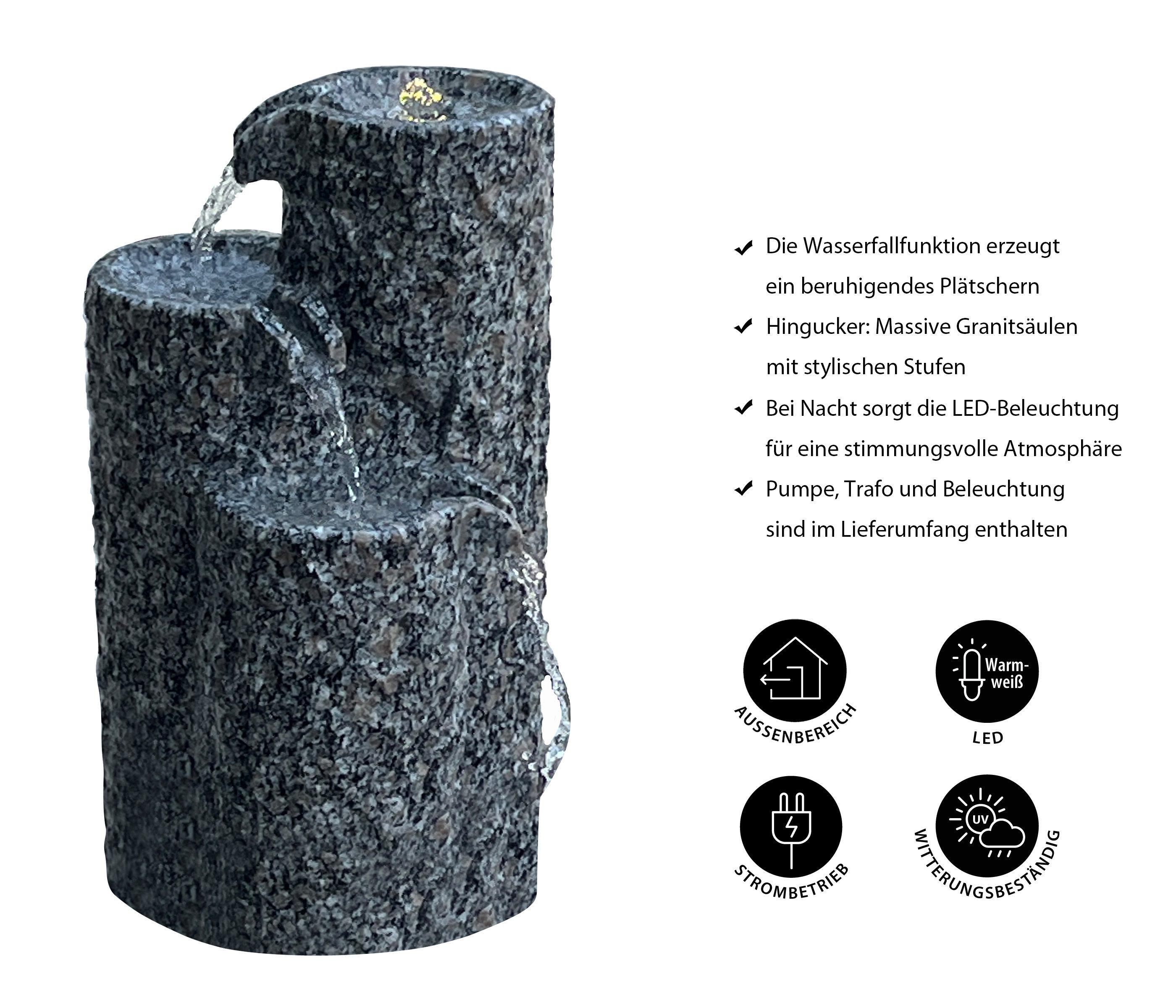 Dehner Gartenbrunnen Heidelberg, mit warmweißer LED Beleuchtung, 28 x 42 x 28 cm, 28 cm Breite, rustikales Wasserspiel aus Granit, Komplettset mit Pumpe und Trafo