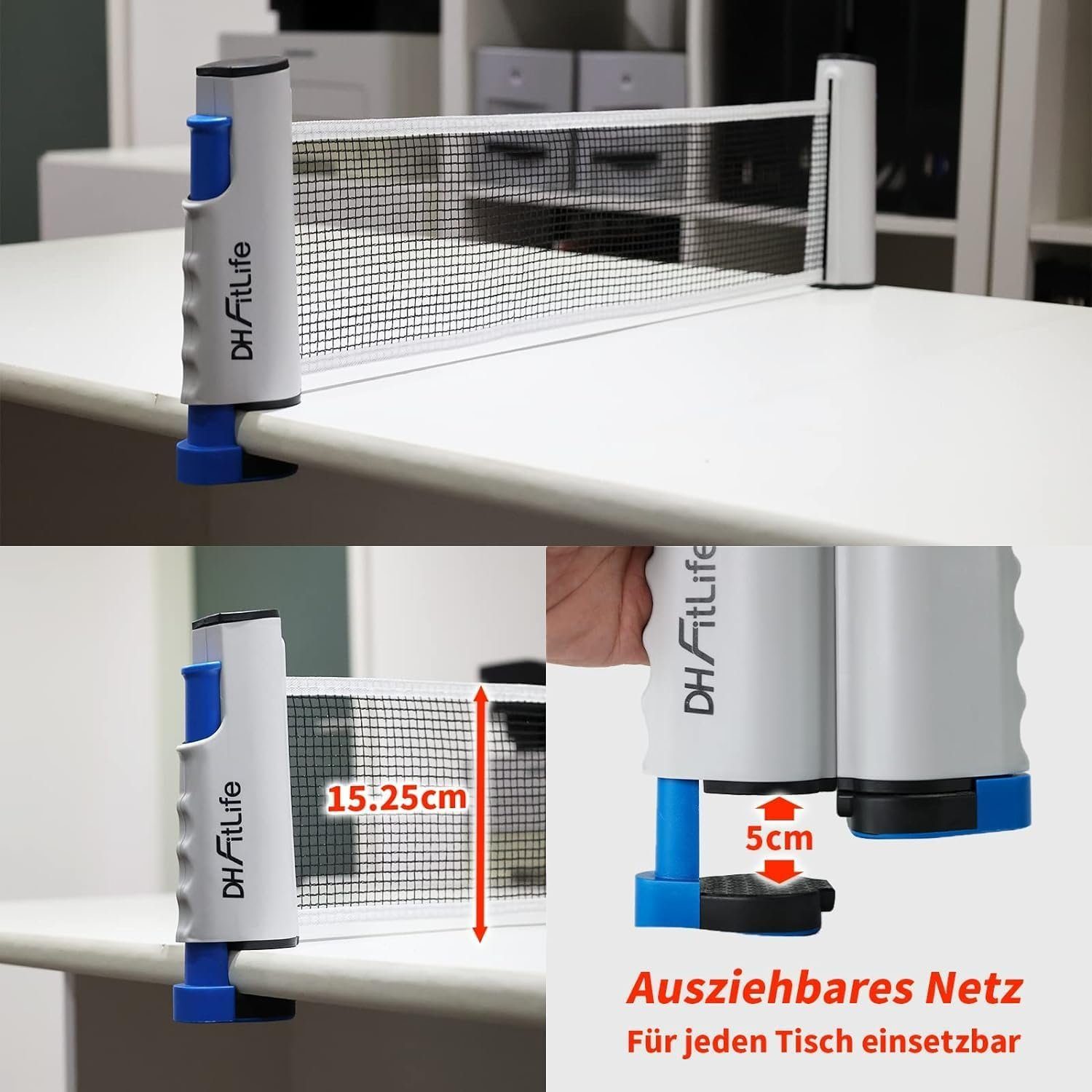 DH FitLife Tischtennisschläger Set für 2 Spieler, mit ausziehbarem mobilen Tischtennisnetz (3 Tischtennisbälle, 2 Schläger, inkl. Aufbewahrungstasche, für jeden Tisch), Tischtennis Set mit Netz