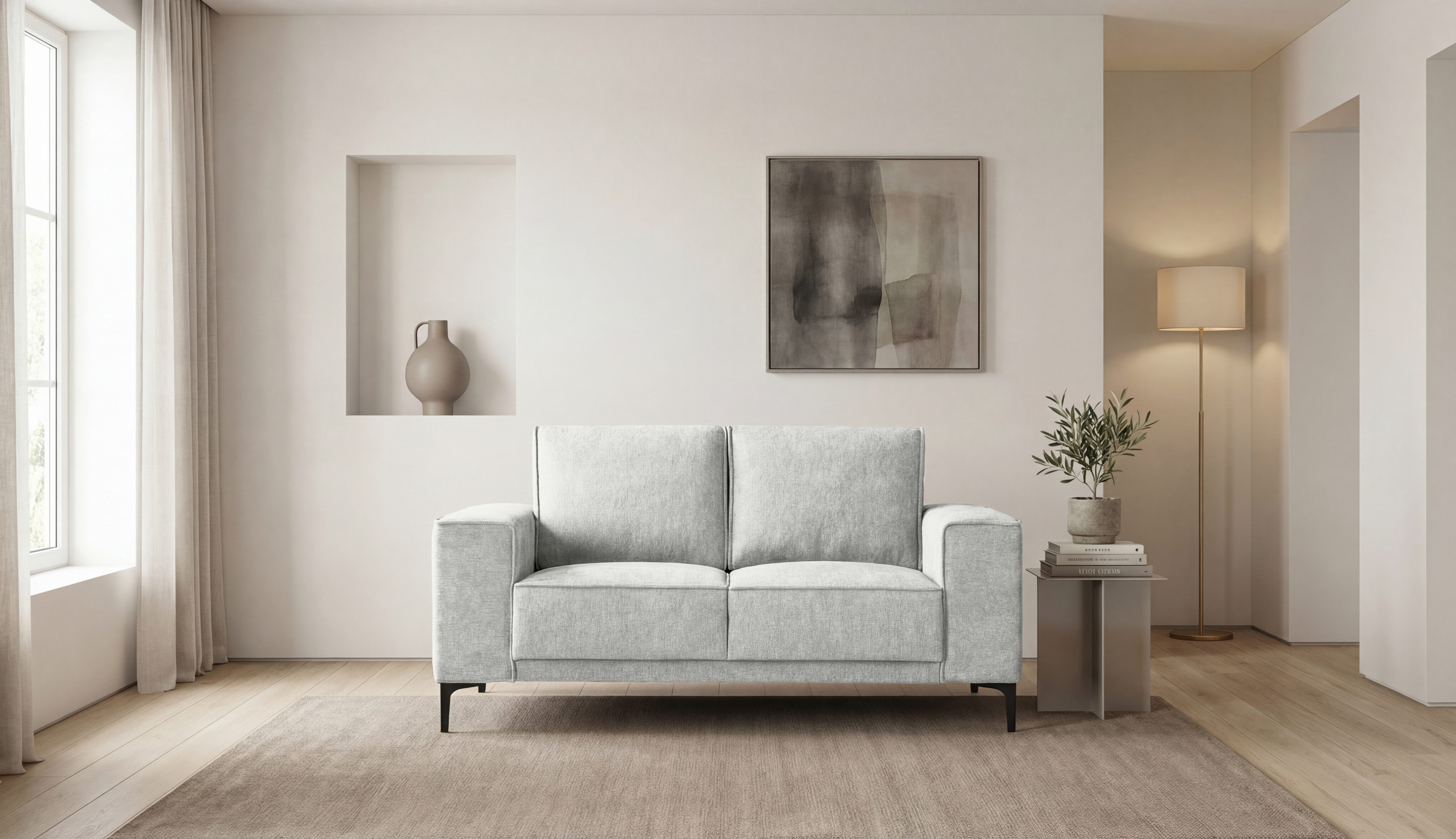 OTTO home 2-Sitzer Kompaktsofa Oland, Struktur, Flachgewebe, Luxus-Microfaser, Boucle, 164 cm, Wellenunterfederung, Skandi-Design, Metallfüße