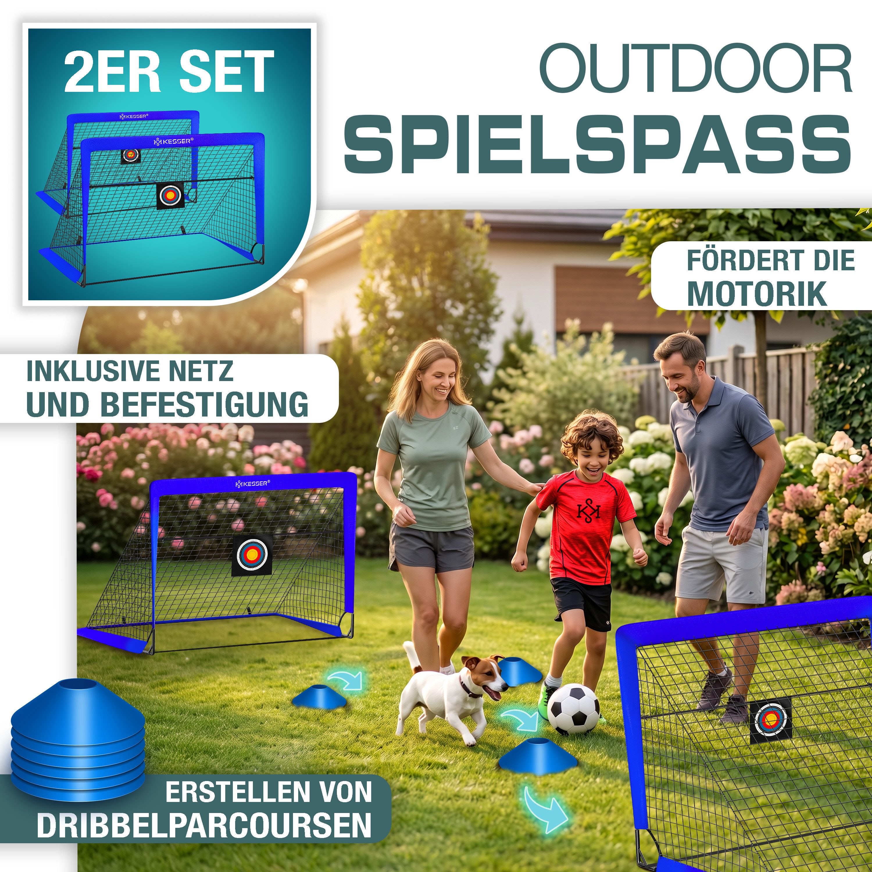 KESSER Fußballtor Set mit Tragetasche, Heringen, Zielscheibe, Hütchen & Pumpe, Pop-Up Tor mit Anti-Rutschfüßen – ideal für Training & Freizeitspiele