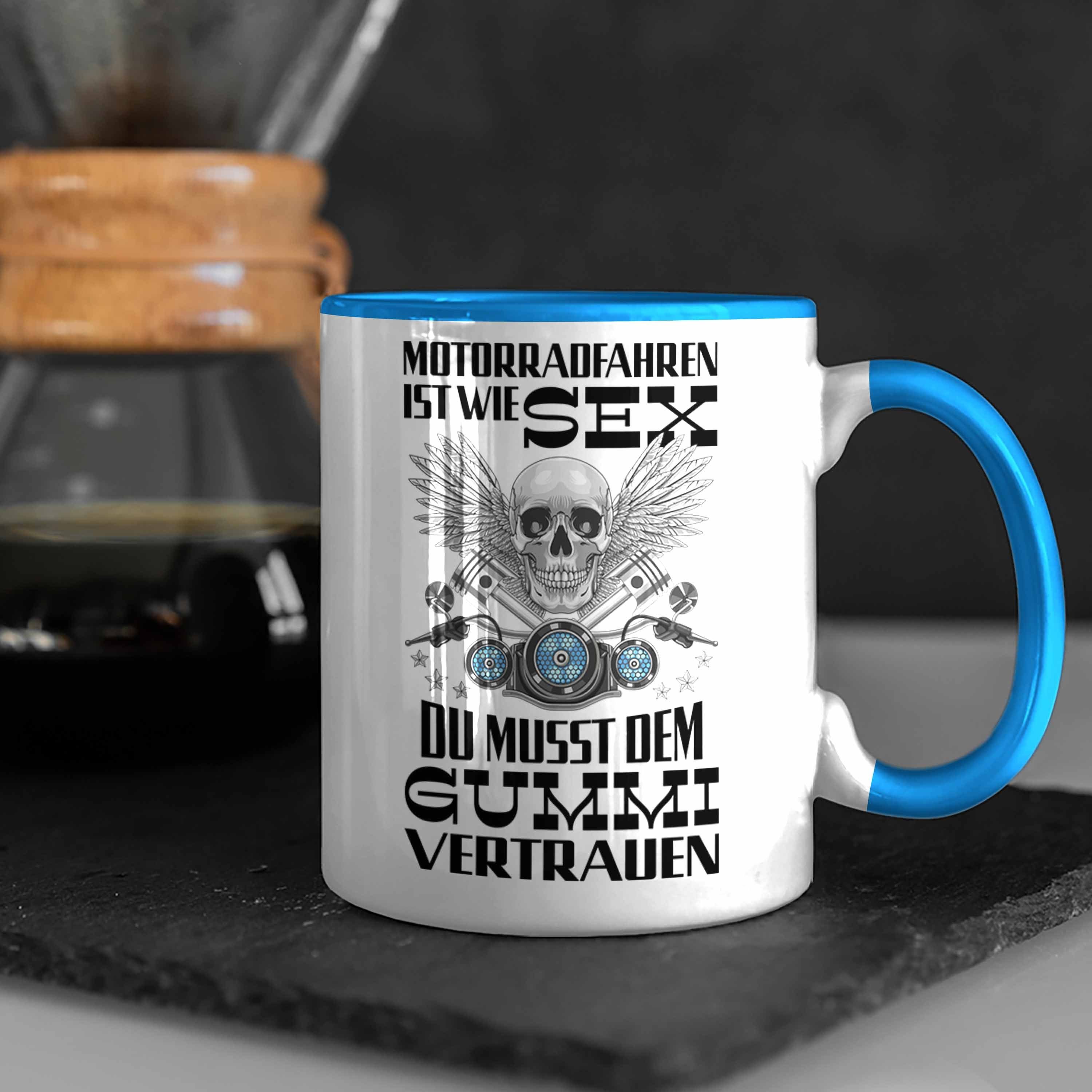 Trendation Tasse Trendation - Herren Tasse Kaffeetasse für Geschenk Papa Biker Motorradfahrer mit für Spruch Männer Blau Motorrad