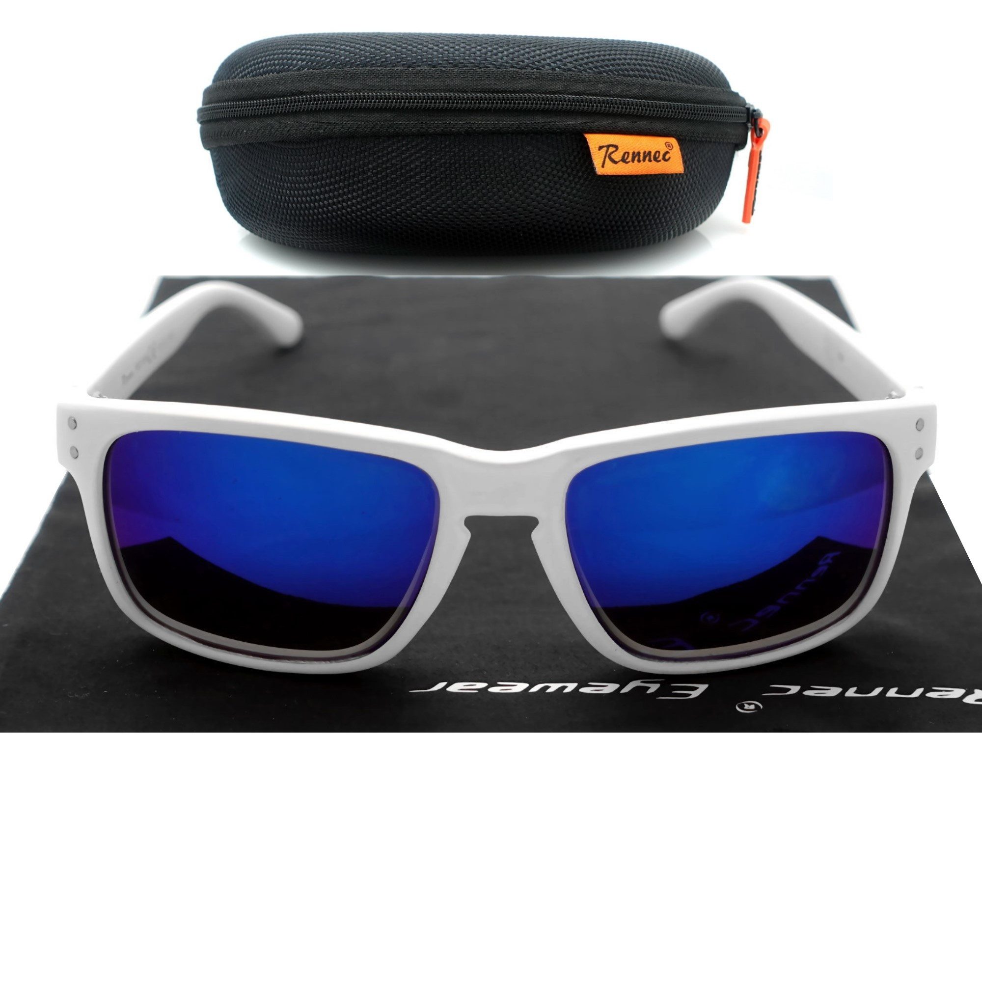 Rennec Sonnenbrille Herren Rechteckig Weiß Matt Gläser Blau Verspiegelt Markenbrille inkl. Hardcase, 3in2 stabile Bügelgelenke