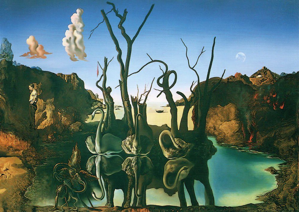 Dalí "Schwäne Salvador spiegeln Kunstkarte Postkarte Elefanten"
