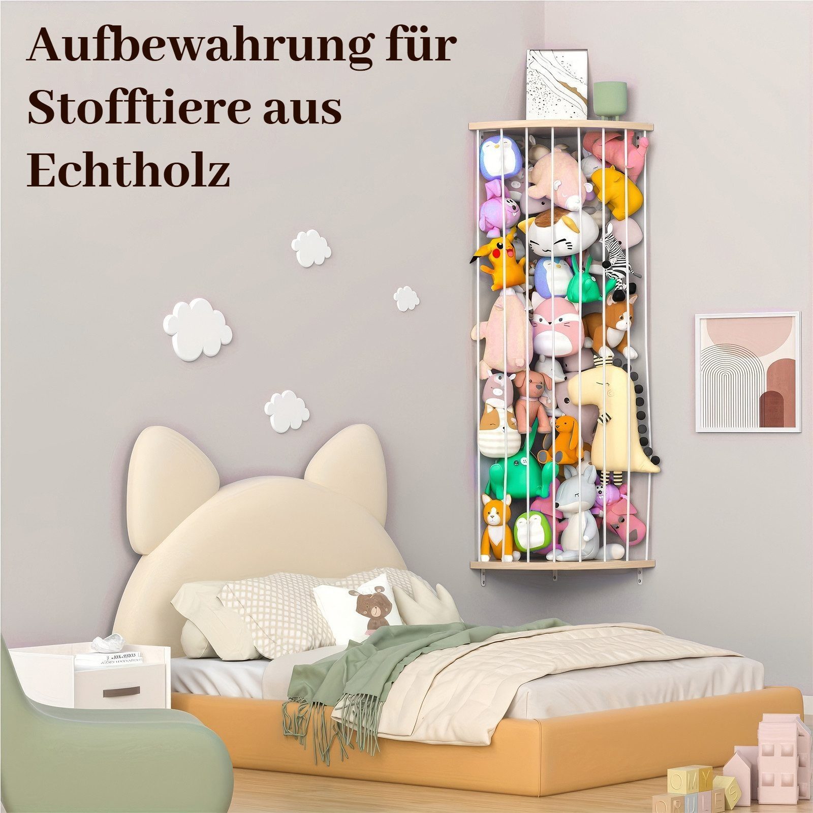 BlingBin Spielzeugtruhe Kuscheltier Aufbewahrung Organizer, Holz Eck Stofftier Regal (1 Set, 1 St., 135-180cm), Kinderzimmer Hängend Spielzeug Organizer für Plüschtiere