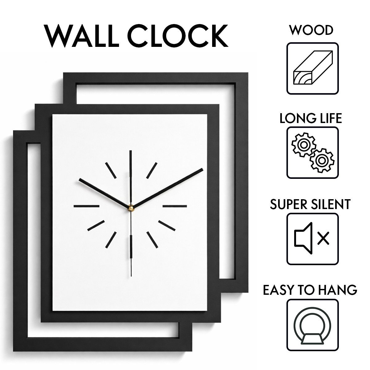 ORNAMENTI Wanduhr Große handgefertigte moderne aus Holz, Hingucker Wanddeko 45 x 55 cm (Rechteckig vertikal ohne Tickgeräusche für Wohnzimmer, ohne Ziffern)